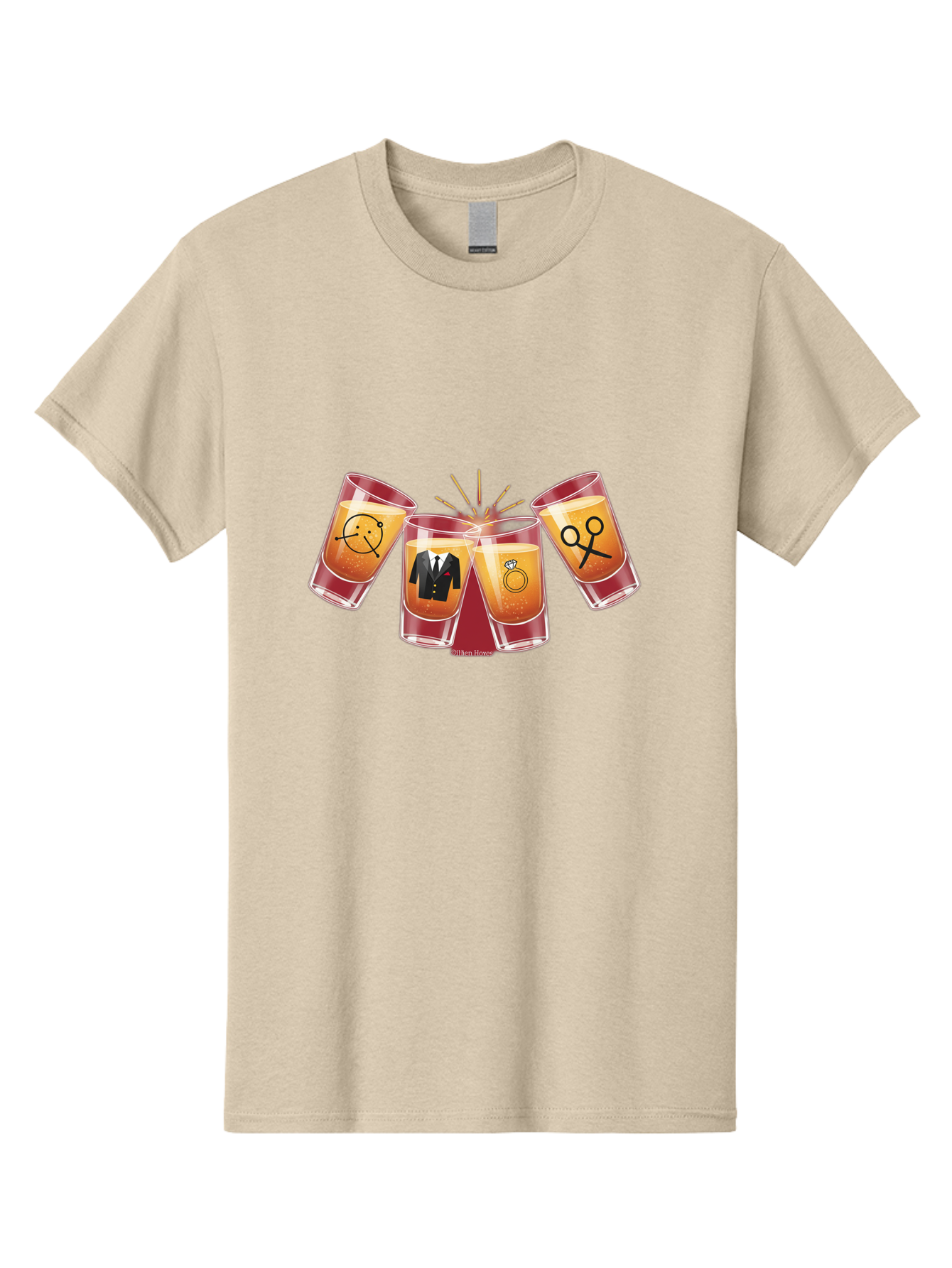 Bar-Brawl Men'S Graphic Tee, 100% Cotton, Comfortable Casual Summer Wear, Machine Washable, Shot Glasses, Orange Liquid, Symbolic Icons, Smiley Face, Tuxedo, Diamond Ring, Scissors, Party, Celebration, Festive Atmosphere Baa153 3