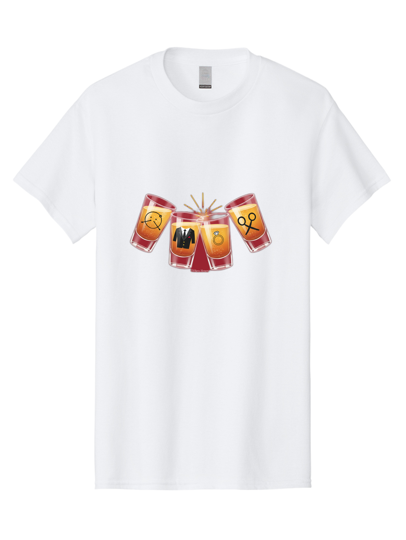 Bar-Brawl Men'S Graphic Tee, 100% Cotton, Comfortable Casual Summer Wear, Machine Washable, Shot Glasses, Orange Liquid, Symbolic Icons, Smiley Face, Tuxedo, Diamond Ring, Scissors, Party, Celebration, Festive Atmosphere Baa153 25