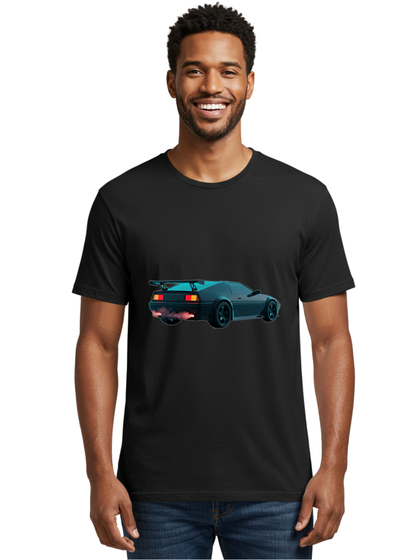 Black-Sports-Car Men'S Graphic Tee, 100% Cotton, Comfortable Casual Summer Wear, Machine Washable, Classic Sports Car, Drift Car, Rear View, Black Car, Red Brake Lights, Orange Turn Signals, Black Spoiler, Smoke From Exhaust, Baa165 22