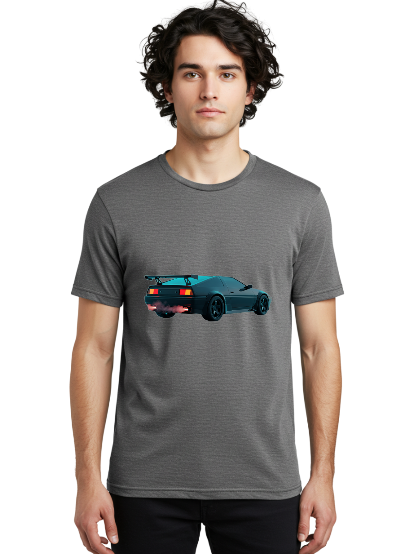 Black-Sports-Car Men'S Graphic Tee, 100% Cotton, Comfortable Casual Summer Wear, Machine Washable, Classic Sports Car, Drift Car, Rear View, Black Car, Red Brake Lights, Orange Turn Signals, Black Spoiler, Smoke From Exhaust, Baa165 24