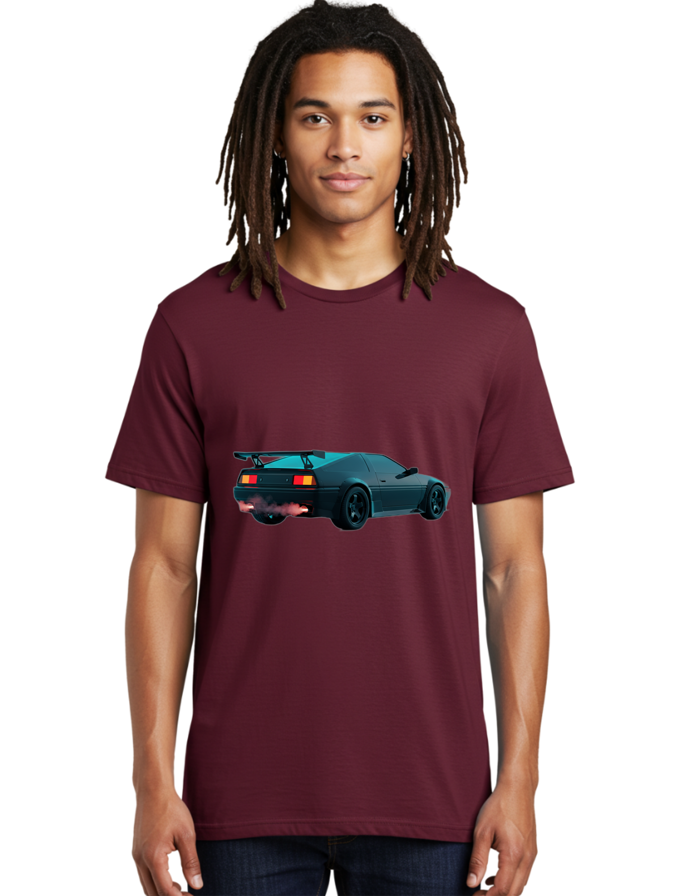 Black-Sports-Car Men'S Graphic Tee, 100% Cotton, Comfortable Casual Summer Wear, Machine Washable, Classic Sports Car, Drift Car, Rear View, Black Car, Red Brake Lights, Orange Turn Signals, Black Spoiler, Smoke From Exhaust, Baa165 14