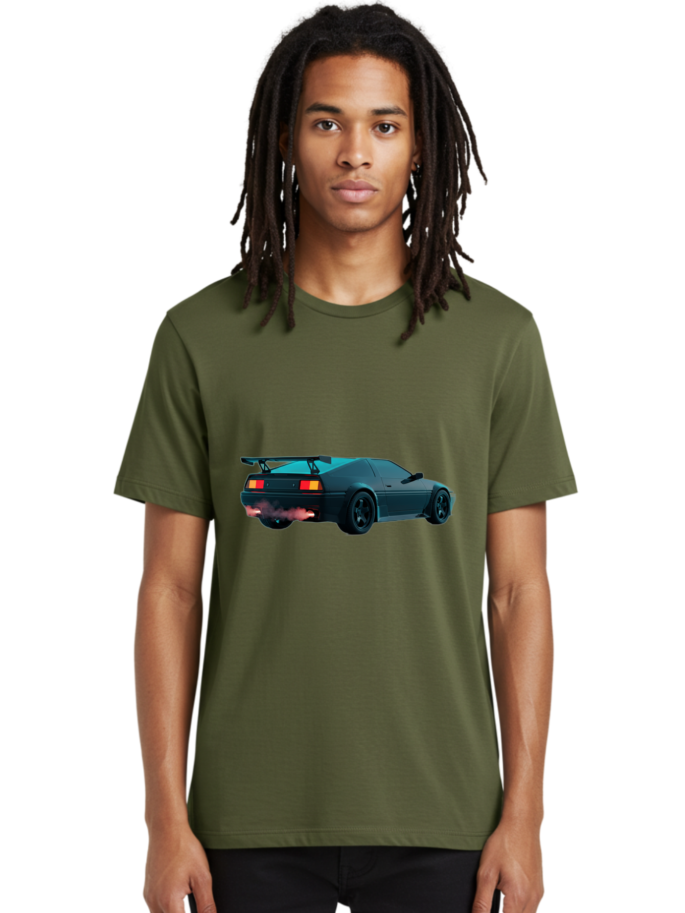 Black-Sports-Car Men'S Graphic Tee, 100% Cotton, Comfortable Casual Summer Wear, Machine Washable, Classic Sports Car, Drift Car, Rear View, Black Car, Red Brake Lights, Orange Turn Signals, Black Spoiler, Smoke From Exhaust, Baa165 6