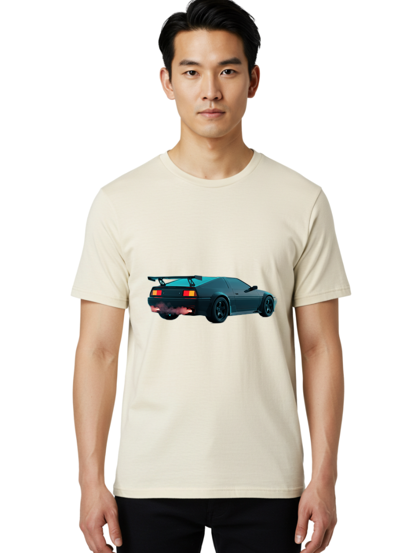 Black-Sports-Car Men'S Graphic Tee, 100% Cotton, Comfortable Casual Summer Wear, Machine Washable, Classic Sports Car, Drift Car, Rear View, Black Car, Red Brake Lights, Orange Turn Signals, Black Spoiler, Smoke From Exhaust, Baa165 28