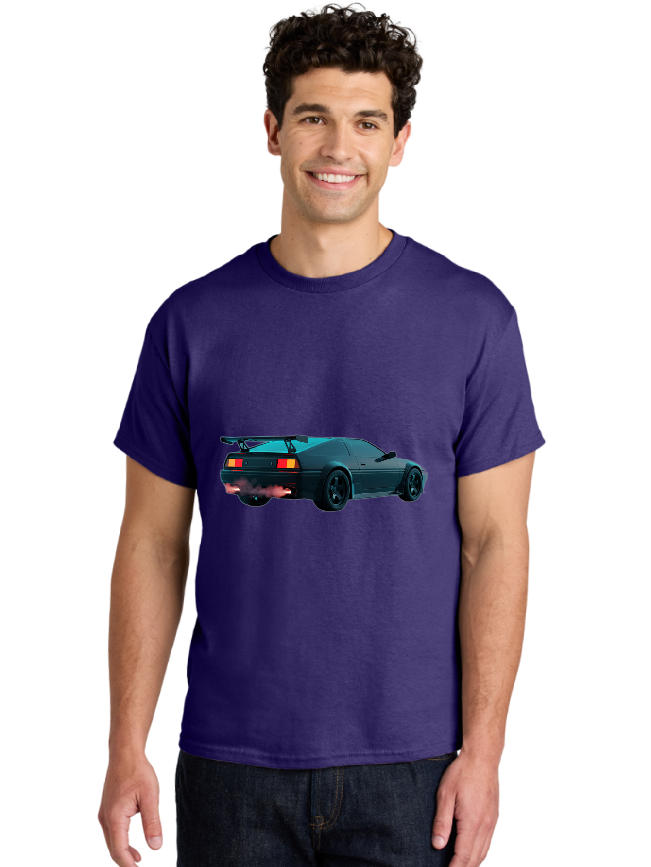 Black-Sports-Car Men'S Graphic Tee, 100% Cotton, Comfortable Casual Summer Wear, Machine Washable, Classic Sports Car, Drift Car, Rear View, Black Car, Red Brake Lights, Orange Turn Signals, Black Spoiler, Smoke From Exhaust, Baa165 20