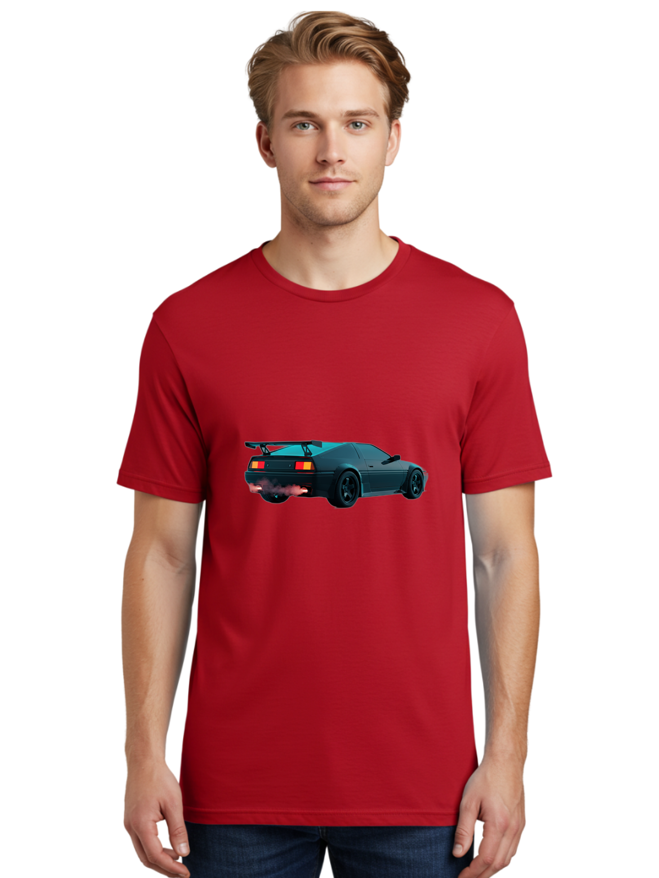 Black-Sports-Car Men'S Graphic Tee, 100% Cotton, Comfortable Casual Summer Wear, Machine Washable, Classic Sports Car, Drift Car, Rear View, Black Car, Red Brake Lights, Orange Turn Signals, Black Spoiler, Smoke From Exhaust, Baa165 2