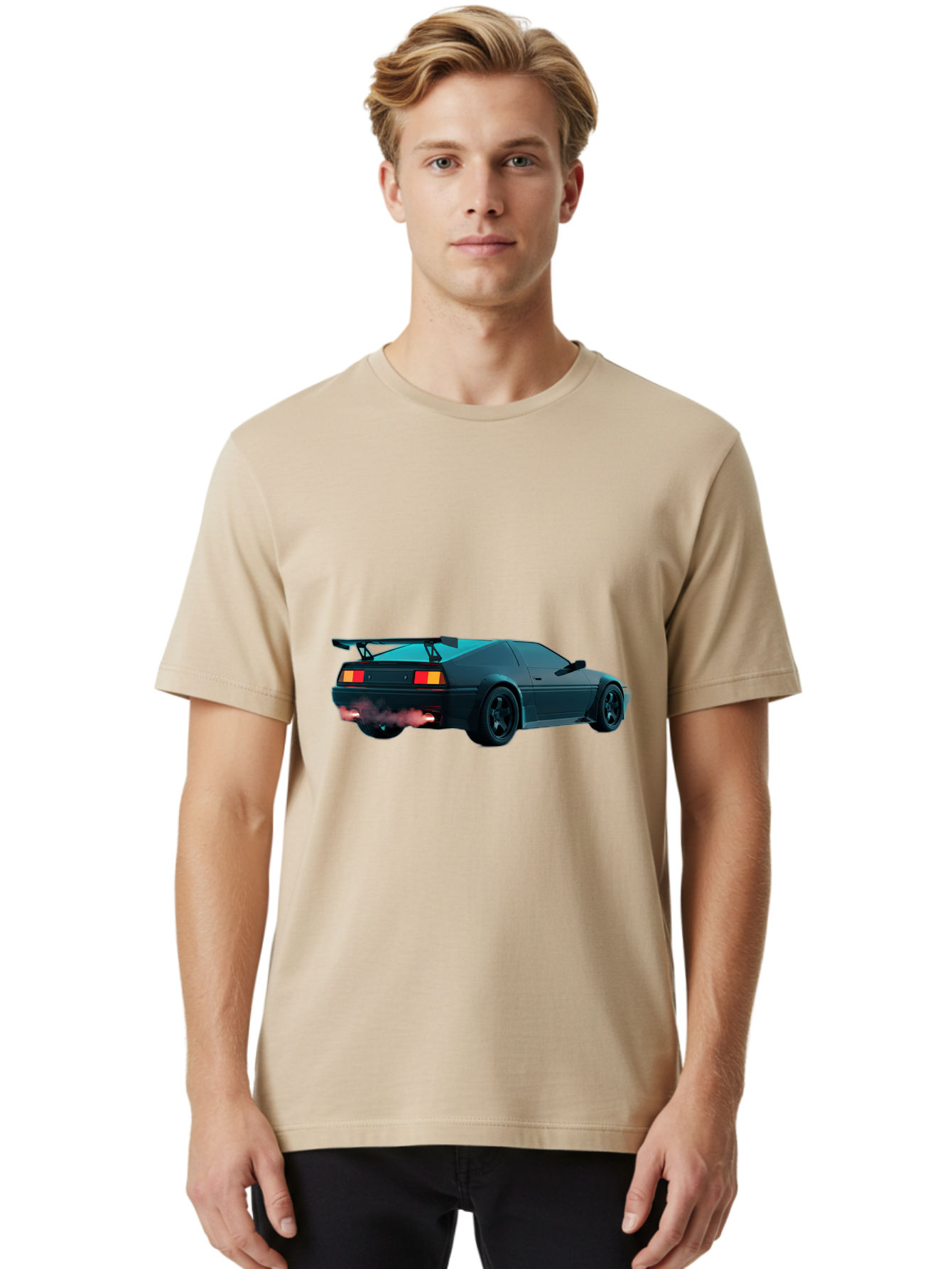 Black-Sports-Car Men'S Graphic Tee, 100% Cotton, Comfortable Casual Summer Wear, Machine Washable, Classic Sports Car, Drift Car, Rear View, Black Car, Red Brake Lights, Orange Turn Signals, Black Spoiler, Smoke From Exhaust, Baa165 16