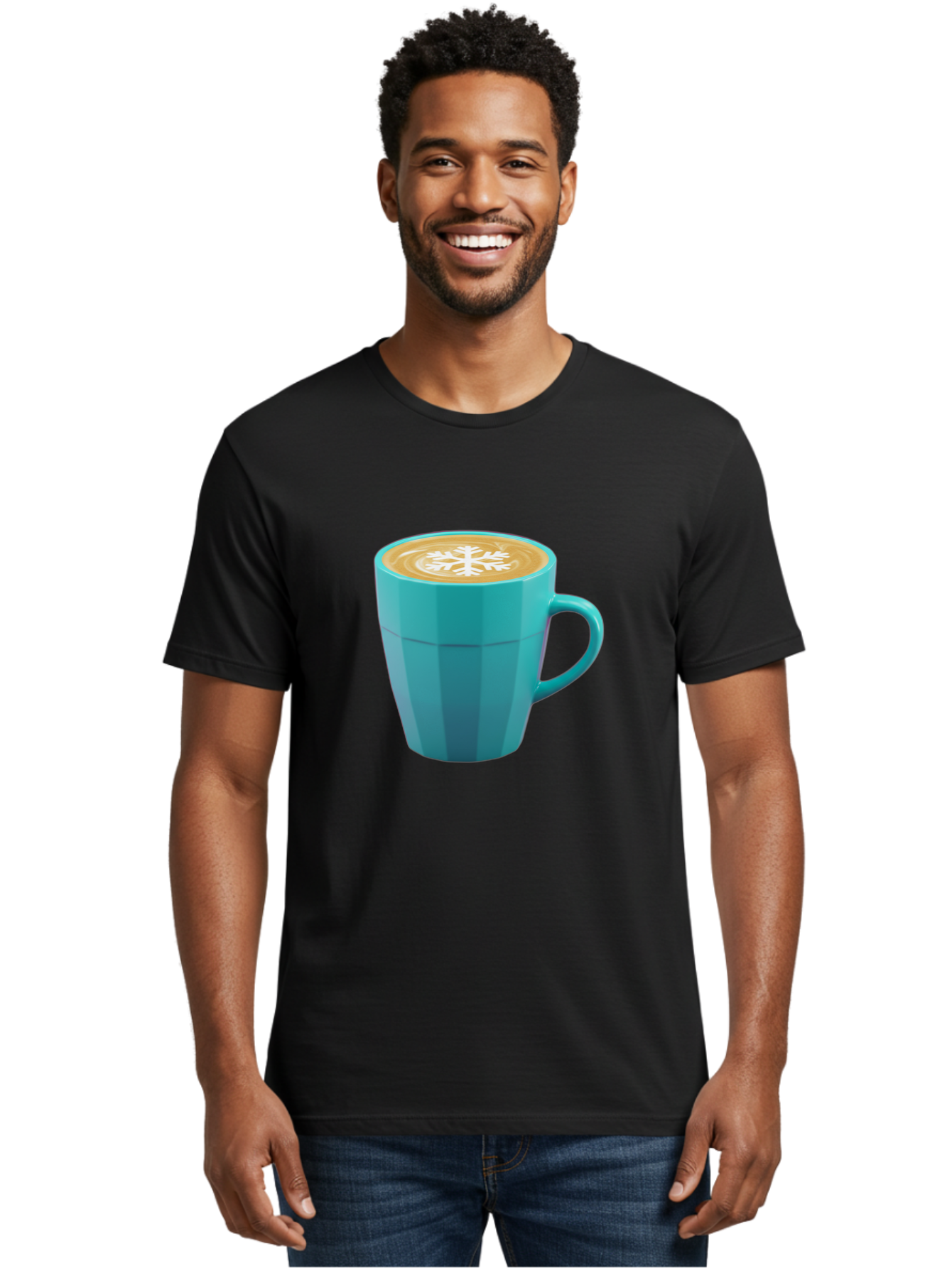 Blue-Coffee-Mug Men'S Graphic Tee, 100% Cotton, Comfortable Casual Summer Wear, Machine Washable, Coffee Cup, Blue Mug, Latte Art, Snowflake Design, Coffee Drink, Morning Coffee, Caffeine Boost, Beverage, Coffee Culture, Winter Theme Baa170 14