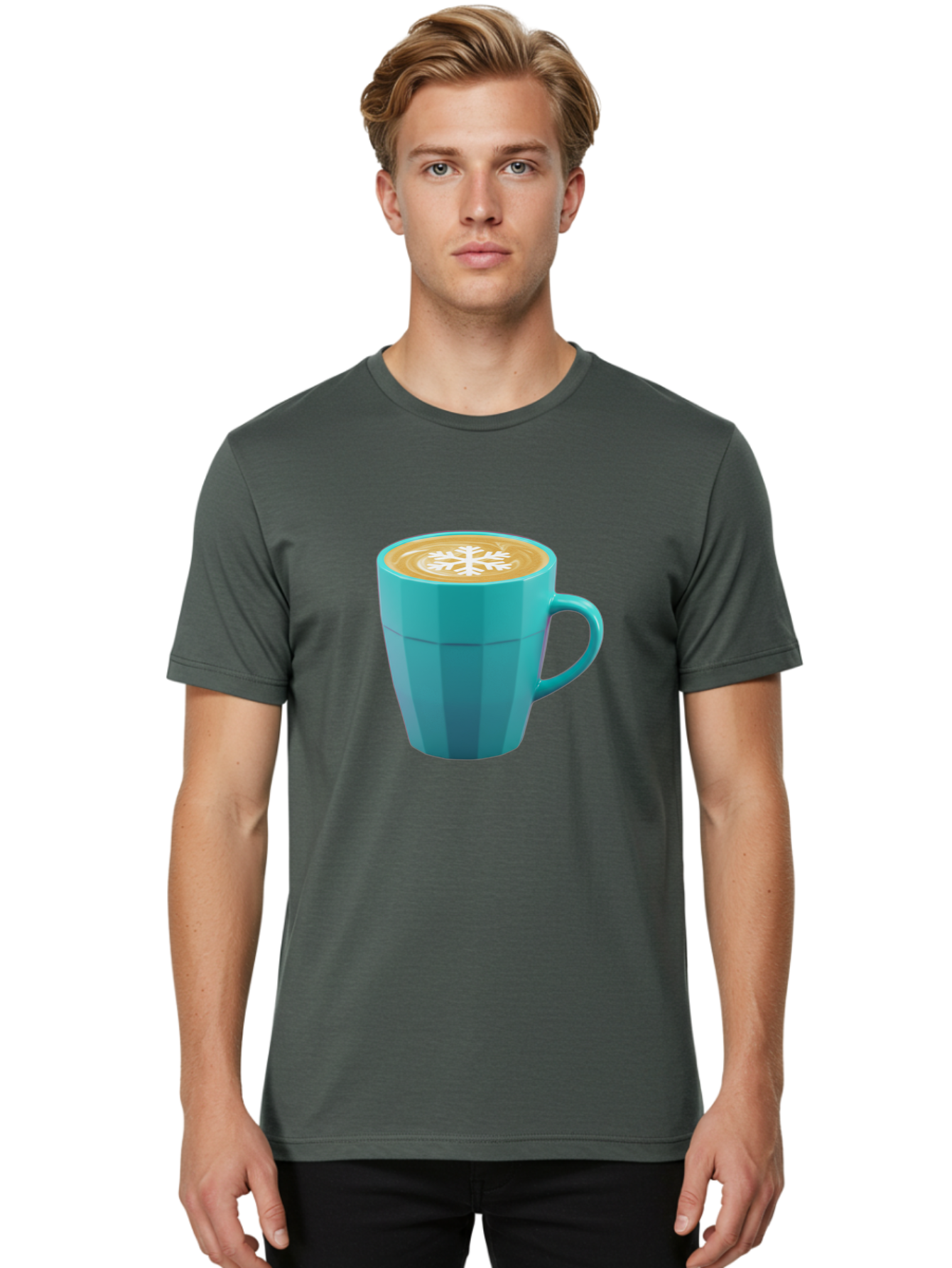 Blue-Coffee-Mug Men'S Graphic Tee, 100% Cotton, Comfortable Casual Summer Wear, Machine Washable, Coffee Cup, Blue Mug, Latte Art, Snowflake Design, Coffee Drink, Morning Coffee, Caffeine Boost, Beverage, Coffee Culture, Winter Theme Baa170 24