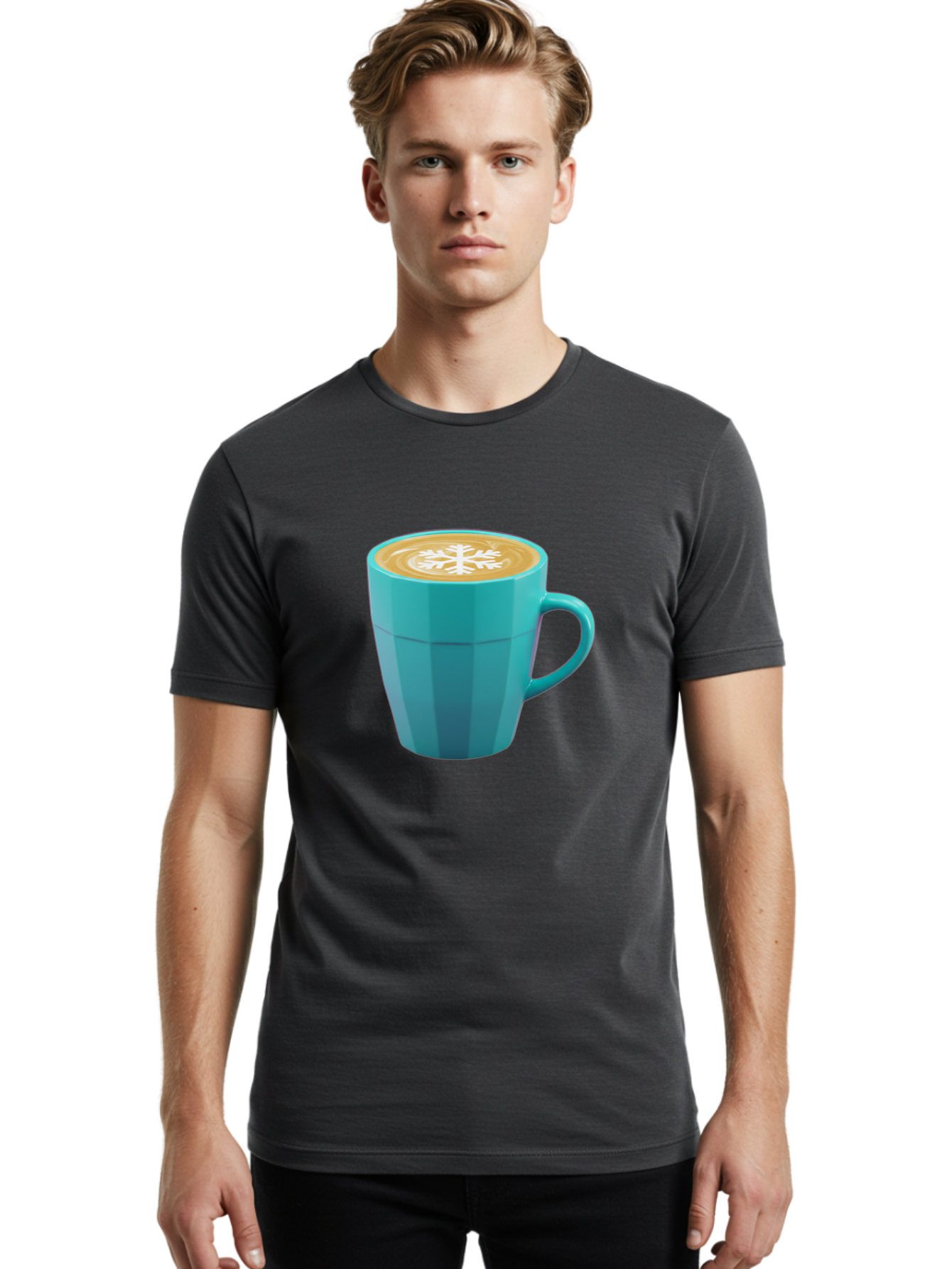 Blue-Coffee-Mug Men'S Graphic Tee, 100% Cotton, Comfortable Casual Summer Wear, Machine Washable, Coffee Cup, Blue Mug, Latte Art, Snowflake Design, Coffee Drink, Morning Coffee, Caffeine Boost, Beverage, Coffee Culture, Winter Theme Baa170 18