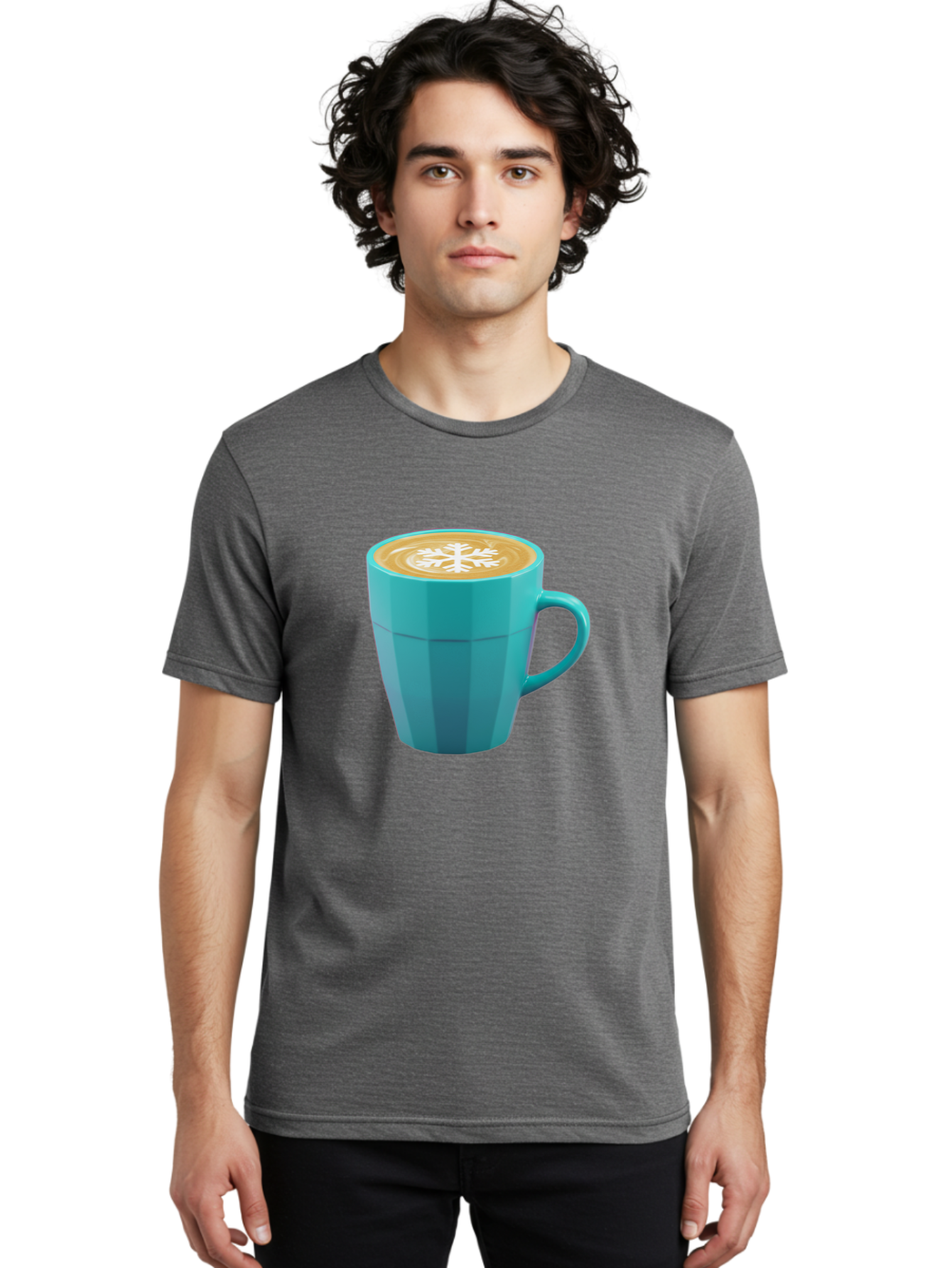Blue-Coffee-Mug Men'S Graphic Tee, 100% Cotton, Comfortable Casual Summer Wear, Machine Washable, Coffee Cup, Blue Mug, Latte Art, Snowflake Design, Coffee Drink, Morning Coffee, Caffeine Boost, Beverage, Coffee Culture, Winter Theme Baa170 8