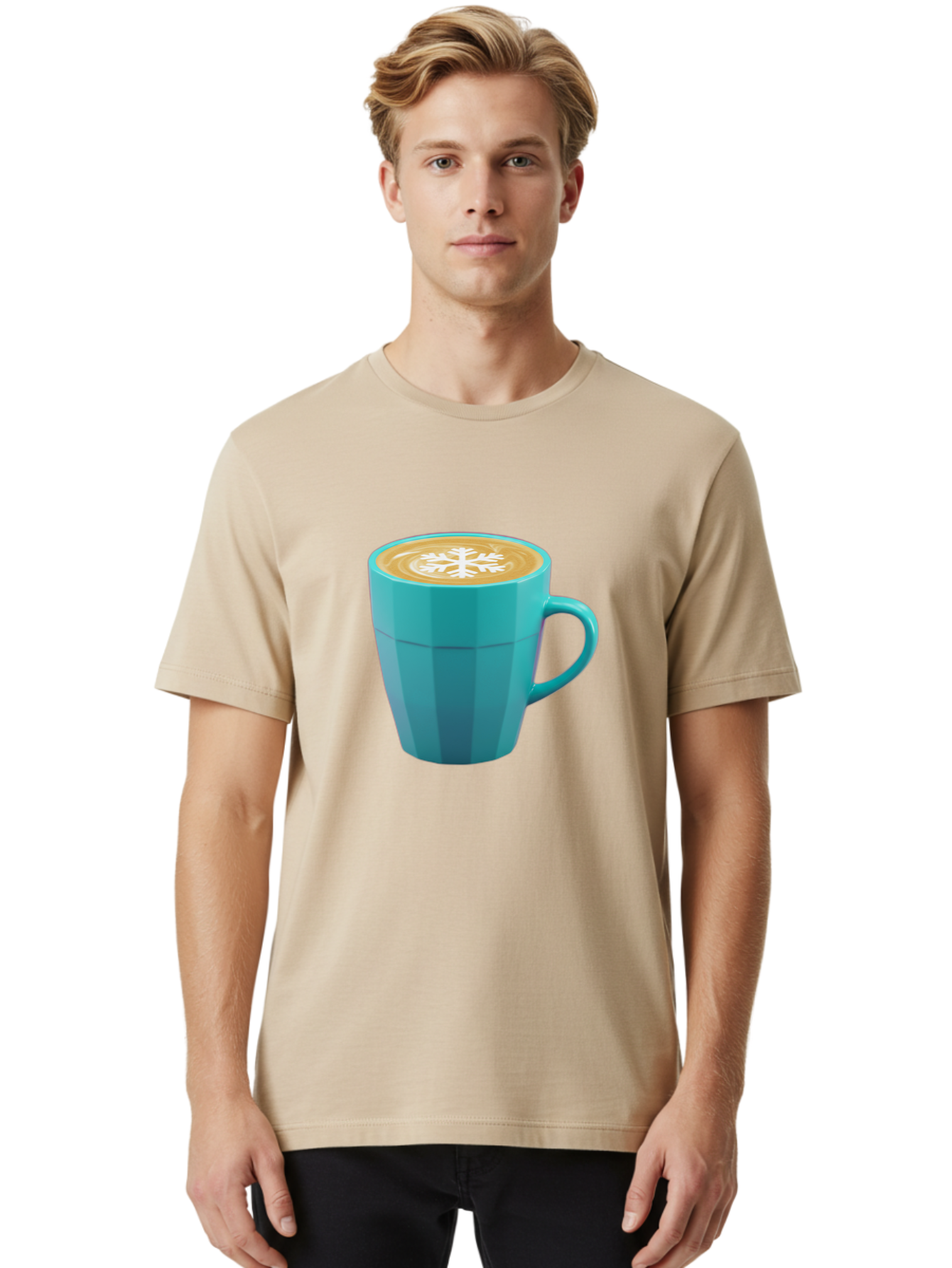 Blue-Coffee-Mug Men'S Graphic Tee, 100% Cotton, Comfortable Casual Summer Wear, Machine Washable, Coffee Cup, Blue Mug, Latte Art, Snowflake Design, Coffee Drink, Morning Coffee, Caffeine Boost, Beverage, Coffee Culture, Winter Theme Baa170 16
