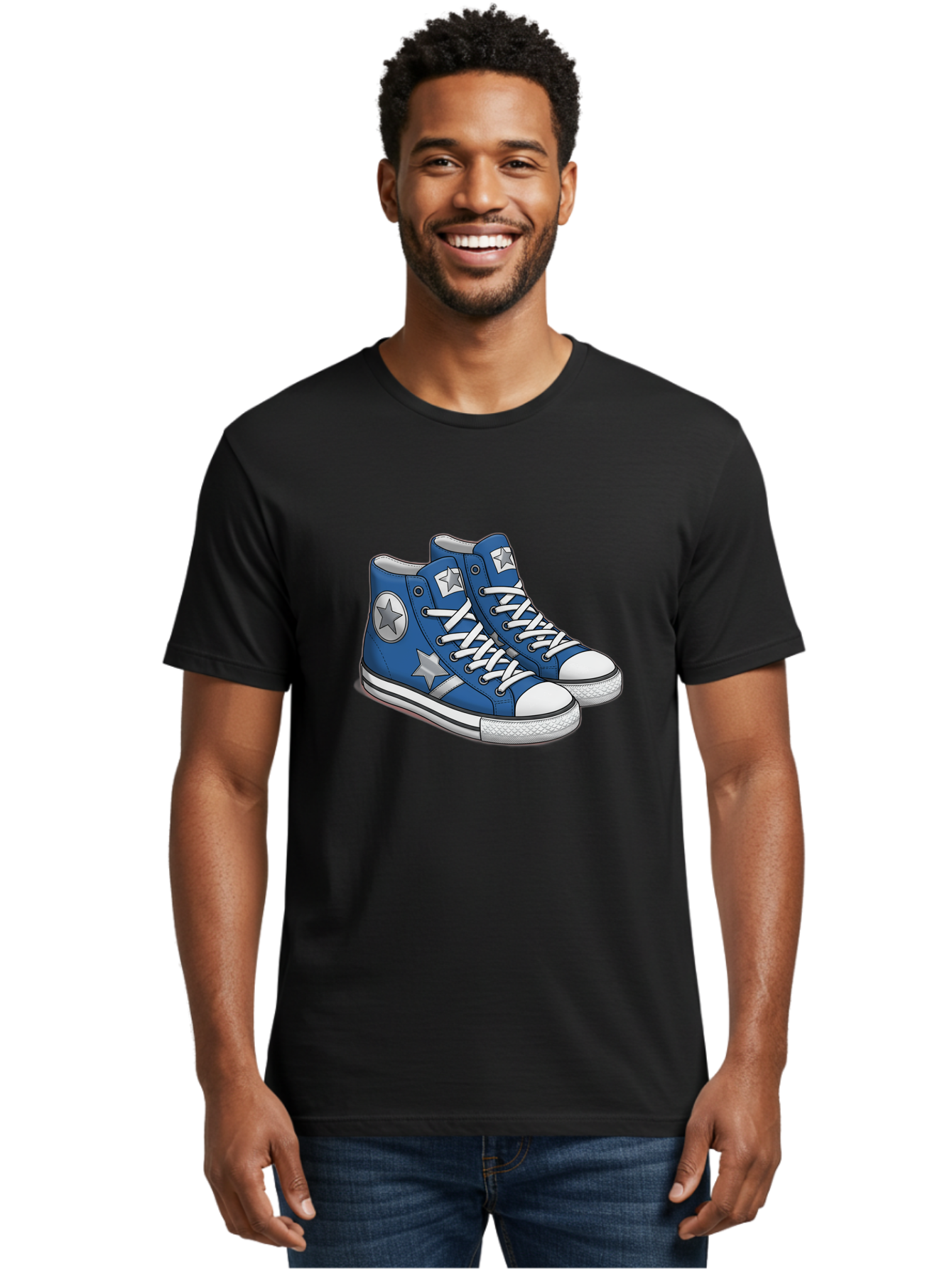 Blue-Converse-Sneakers Men'S Graphic Tee, 100% Cotton, Comfortable Casual Summer Wear, Machine Washable, Blue Sneakers, Star Design, White Laces, Converse Style, Casual Footwear, Sneaker Fashion, Streetwear, Blue Shoes, Star Pattern Baa171 20