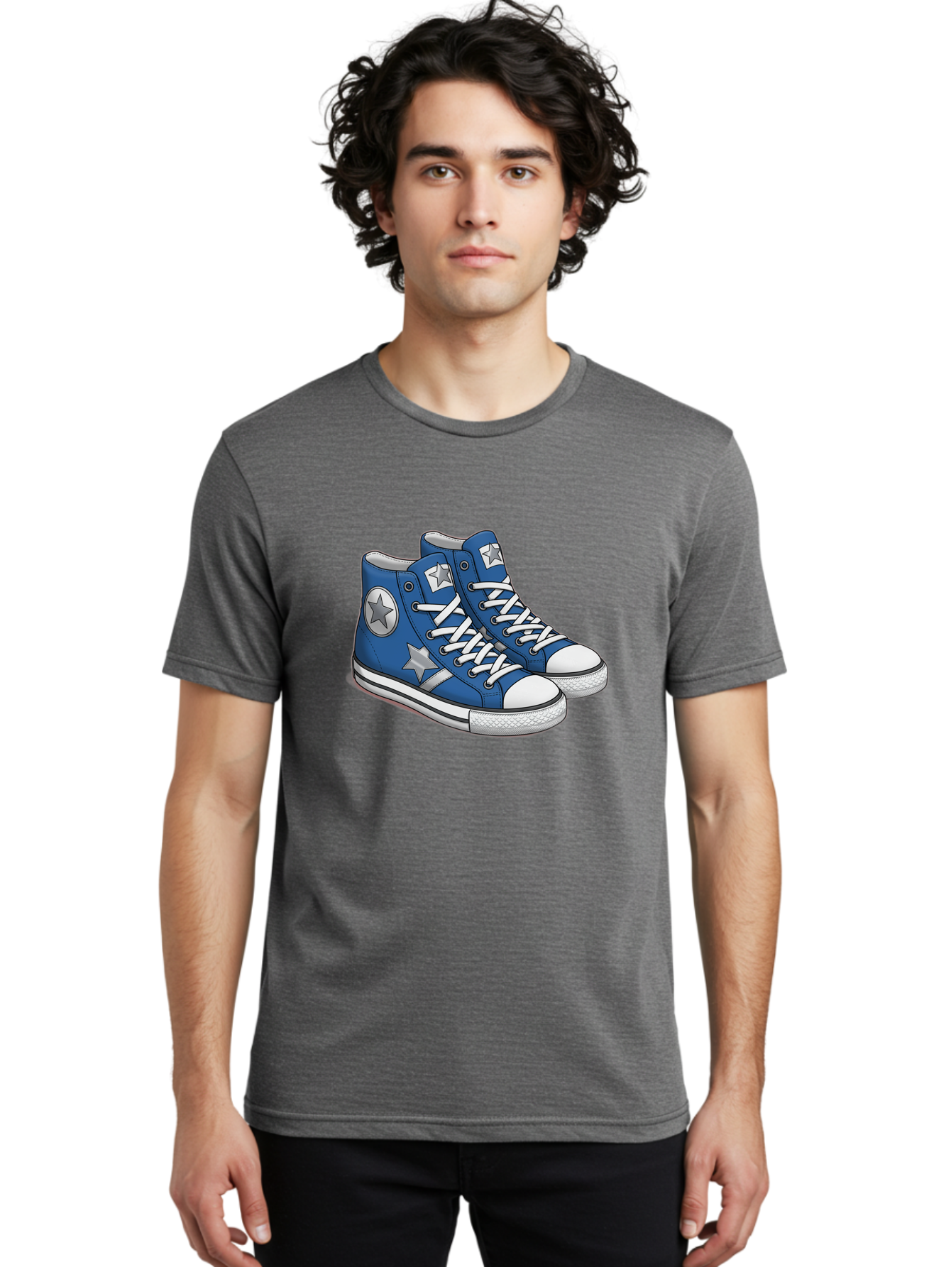 Blue-Converse-Sneakers Men'S Graphic Tee, 100% Cotton, Comfortable Casual Summer Wear, Machine Washable, Blue Sneakers, Star Design, White Laces, Converse Style, Casual Footwear, Sneaker Fashion, Streetwear, Blue Shoes, Star Pattern Baa171 28