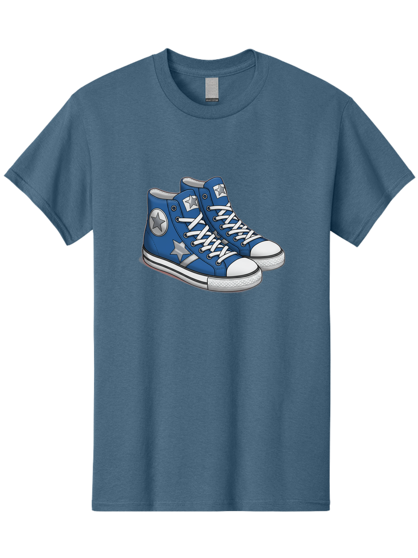 Blue-Converse-Sneakers Men'S Graphic Tee, 100% Cotton, Comfortable Casual Summer Wear, Machine Washable, Blue Sneakers, Star Design, White Laces, Converse Style, Casual Footwear, Sneaker Fashion, Streetwear, Blue Shoes, Star Pattern Baa171 11