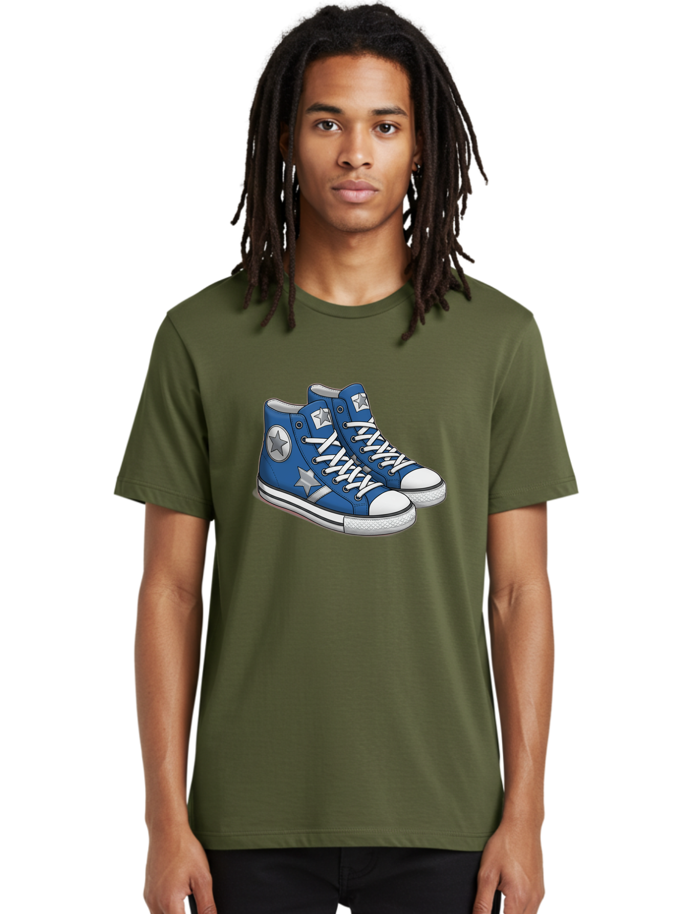 Blue-Converse-Sneakers Men'S Graphic Tee, 100% Cotton, Comfortable Casual Summer Wear, Machine Washable, Blue Sneakers, Star Design, White Laces, Converse Style, Casual Footwear, Sneaker Fashion, Streetwear, Blue Shoes, Star Pattern Baa171 4