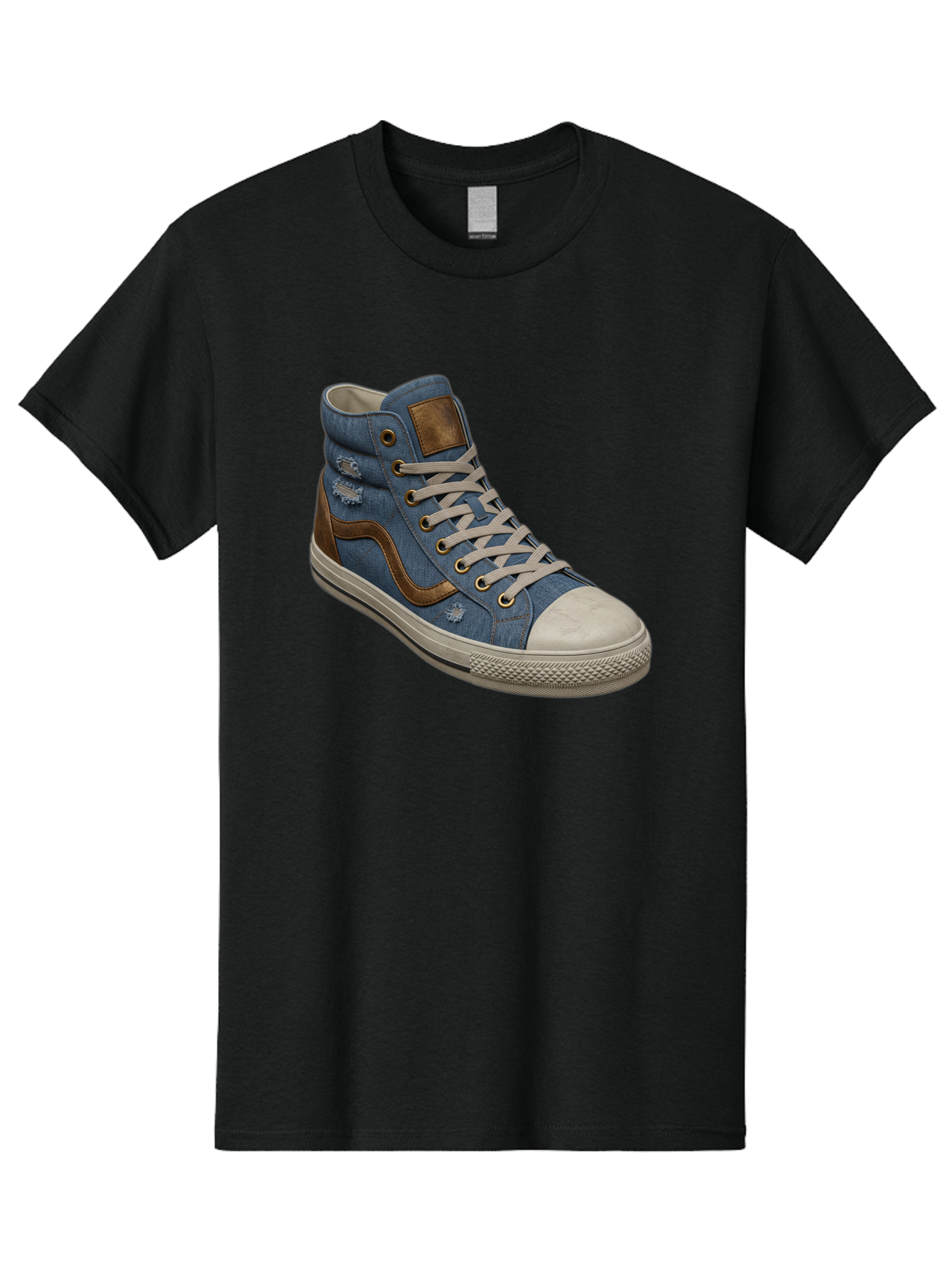 Blue-Denim-High-Top-Sneaker Men'S Graphic Tee, 100% Cotton, Comfortable Casual Summer Wear, Machine Washable, High-Top Denim Sneakers, Blue Denim, Fashionable Sneakers, Casual Footwear, White Laces, Brown Accents, Distressed Design, Baa172 27