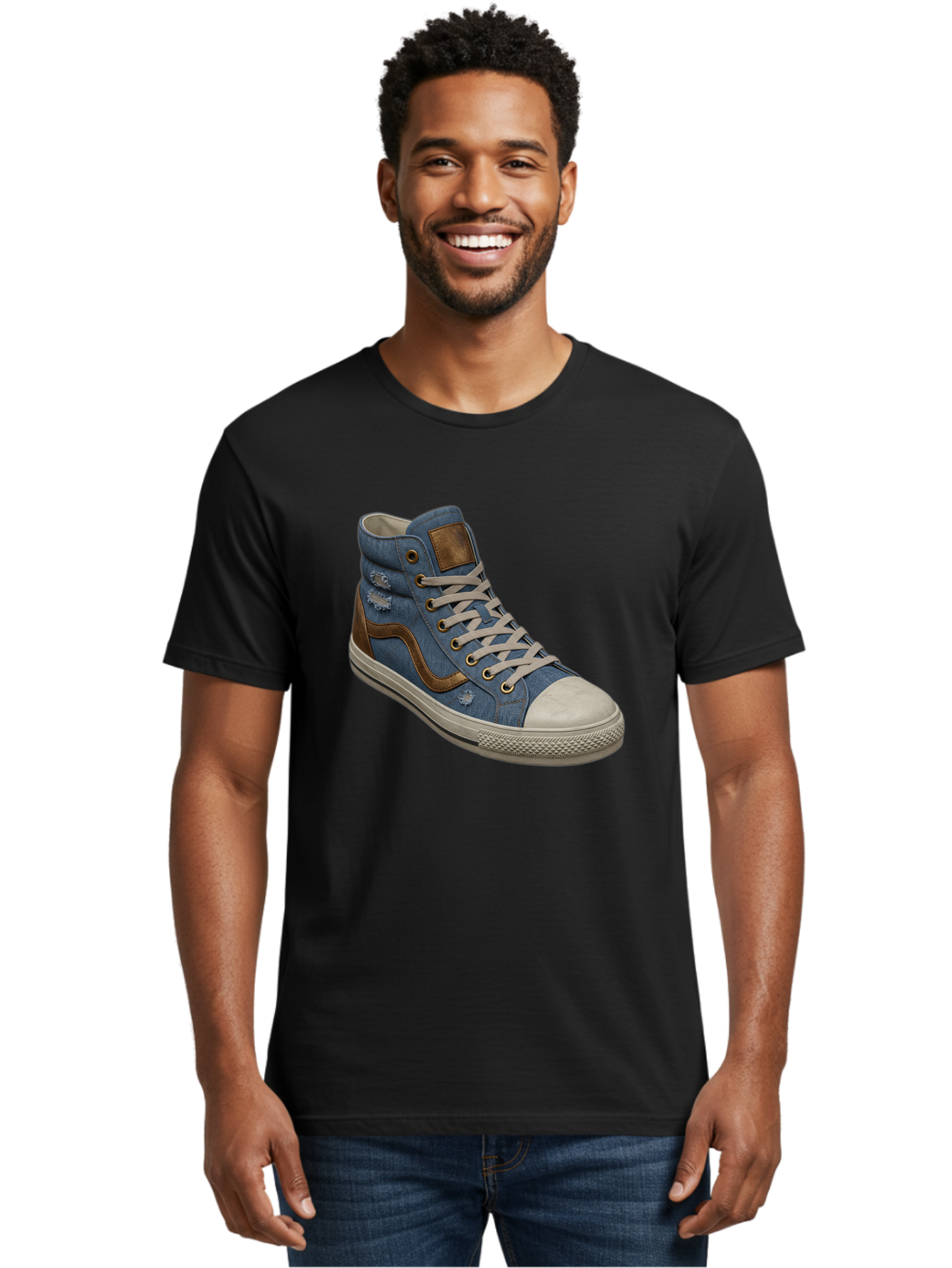 Blue-Denim-High-Top-Sneaker Men'S Graphic Tee, 100% Cotton, Comfortable Casual Summer Wear, Machine Washable, High-Top Denim Sneakers, Blue Denim, Fashionable Sneakers, Casual Footwear, White Laces, Brown Accents, Distressed Design, Baa172 28