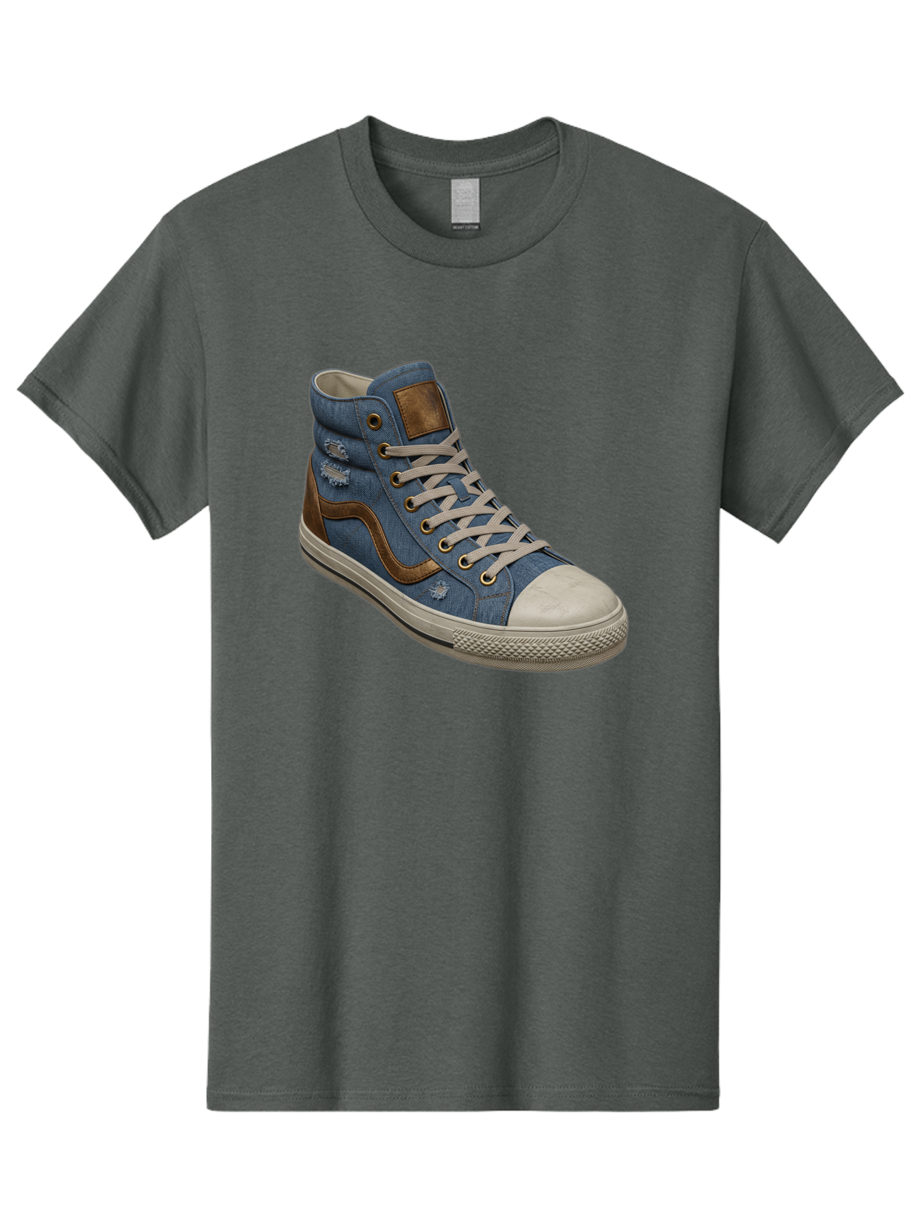 Blue-Denim-High-Top-Sneaker Men'S Graphic Tee, 100% Cotton, Comfortable Casual Summer Wear, Machine Washable, High-Top Denim Sneakers, Blue Denim, Fashionable Sneakers, Casual Footwear, White Laces, Brown Accents, Distressed Design, Baa172 5