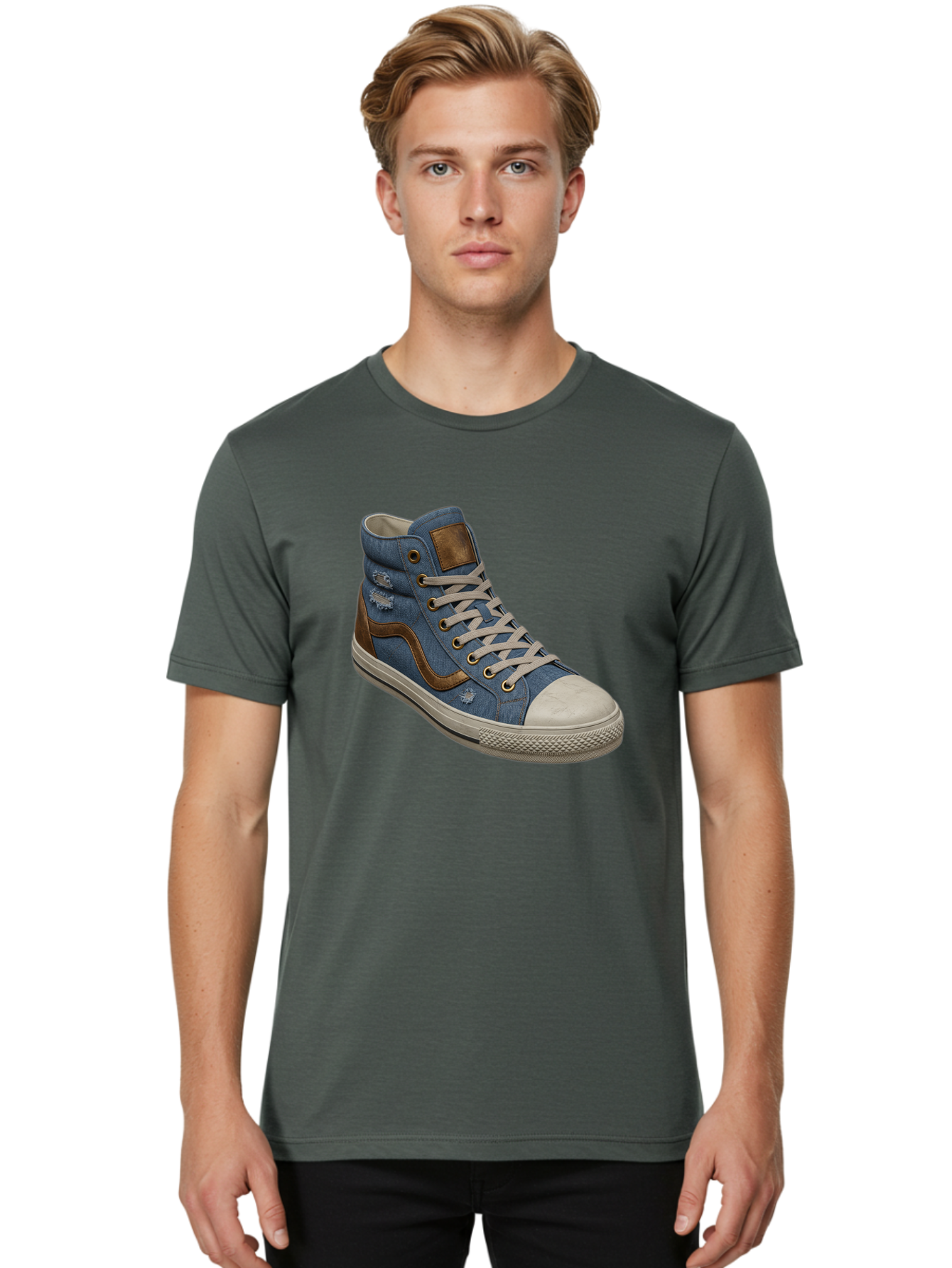 Blue-Denim-High-Top-Sneaker Men'S Graphic Tee, 100% Cotton, Comfortable Casual Summer Wear, Machine Washable, High-Top Denim Sneakers, Blue Denim, Fashionable Sneakers, Casual Footwear, White Laces, Brown Accents, Distressed Design, Baa172 6