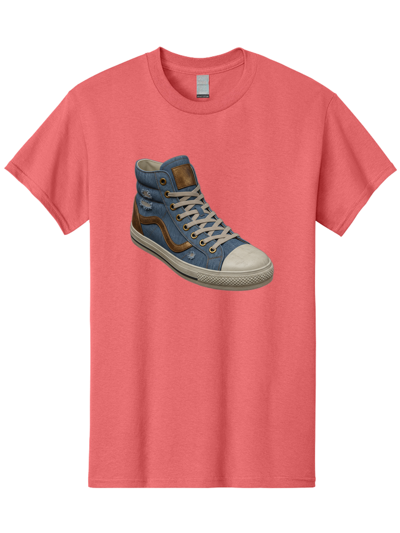 Blue-Denim-High-Top-Sneaker Men'S Graphic Tee, 100% Cotton, Comfortable Casual Summer Wear, Machine Washable, High-Top Denim Sneakers, Blue Denim, Fashionable Sneakers, Casual Footwear, White Laces, Brown Accents, Distressed Design, Baa172 11
