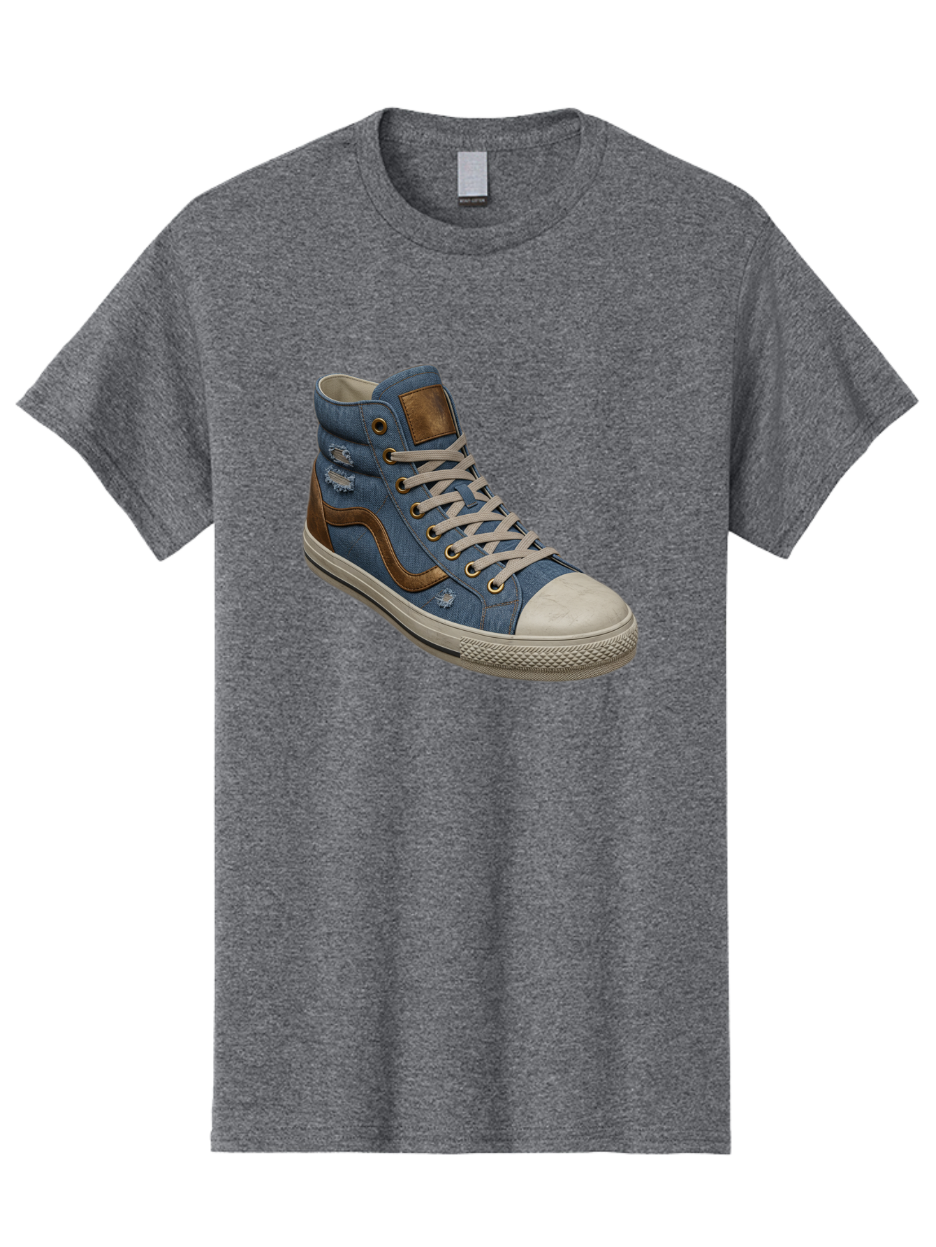 Blue-Denim-High-Top-Sneaker Men'S Graphic Tee, 100% Cotton, Comfortable Casual Summer Wear, Machine Washable, High-Top Denim Sneakers, Blue Denim, Fashionable Sneakers, Casual Footwear, White Laces, Brown Accents, Distressed Design, Baa172 29