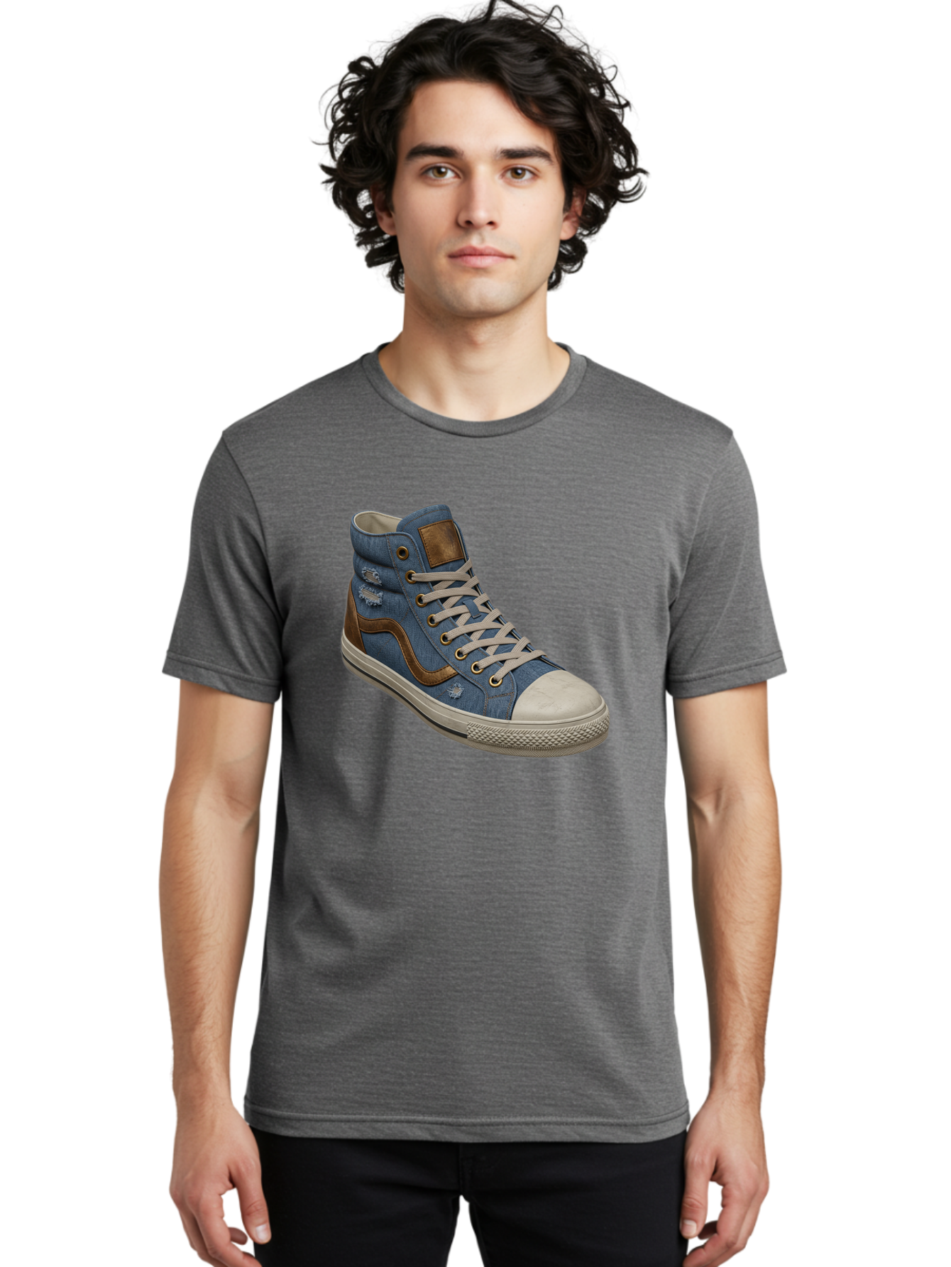 Blue-Denim-High-Top-Sneaker Men'S Graphic Tee, 100% Cotton, Comfortable Casual Summer Wear, Machine Washable, High-Top Denim Sneakers, Blue Denim, Fashionable Sneakers, Casual Footwear, White Laces, Brown Accents, Distressed Design, Baa172 30