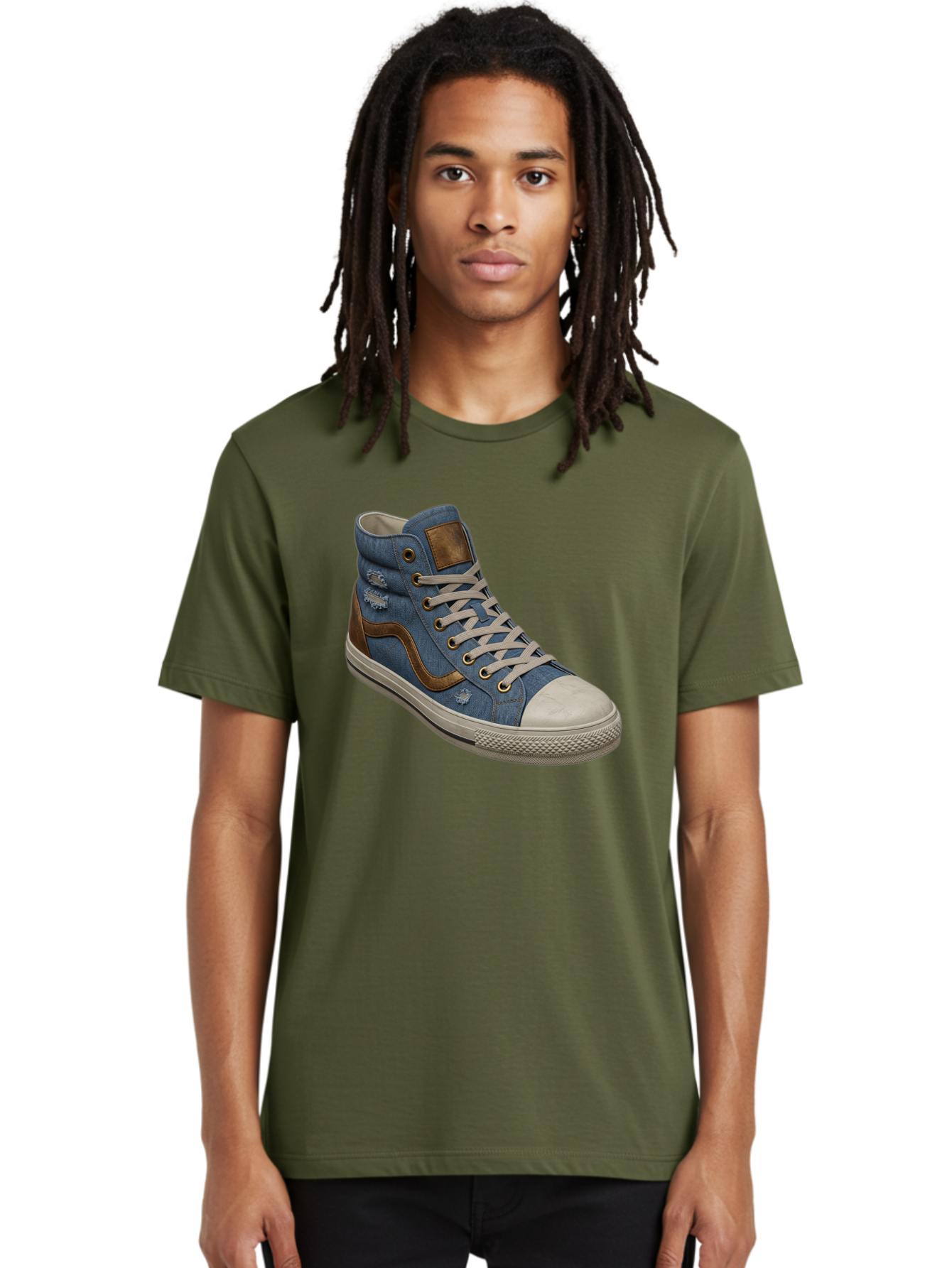 Blue-Denim-High-Top-Sneaker Men'S Graphic Tee, 100% Cotton, Comfortable Casual Summer Wear, Machine Washable, High-Top Denim Sneakers, Blue Denim, Fashionable Sneakers, Casual Footwear, White Laces, Brown Accents, Distressed Design, Baa172 16