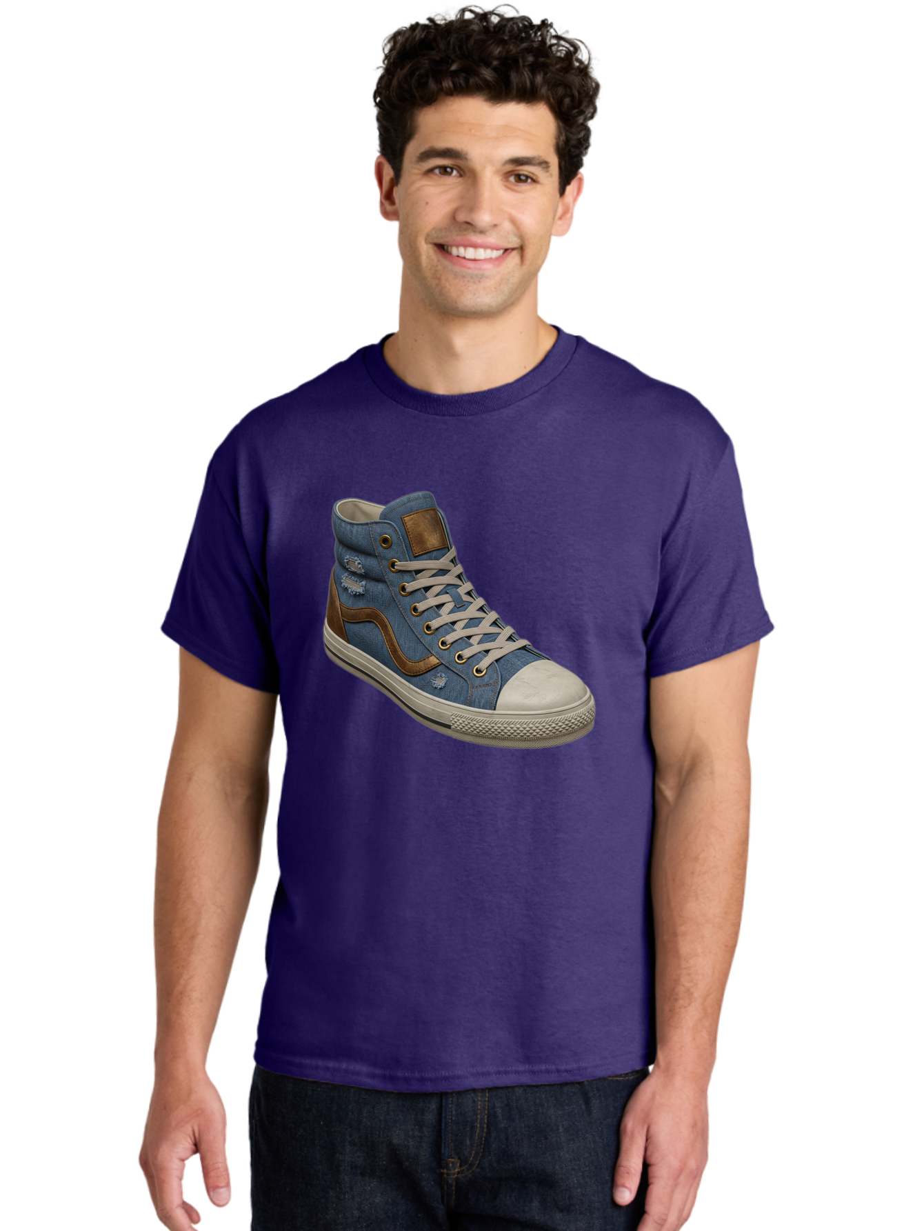 Blue-Denim-High-Top-Sneaker Men'S Graphic Tee, 100% Cotton, Comfortable Casual Summer Wear, Machine Washable, High-Top Denim Sneakers, Blue Denim, Fashionable Sneakers, Casual Footwear, White Laces, Brown Accents, Distressed Design, Baa172 14