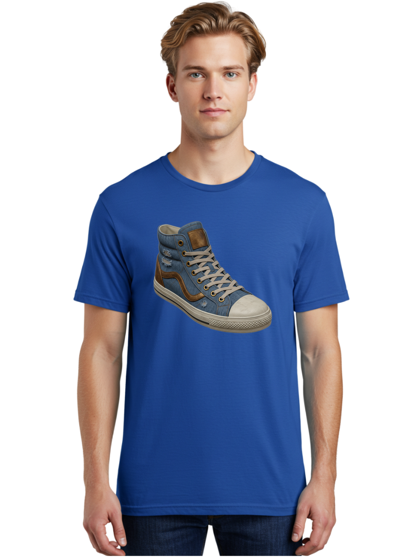 Blue-Denim-High-Top-Sneaker Men'S Graphic Tee, 100% Cotton, Comfortable Casual Summer Wear, Machine Washable, High-Top Denim Sneakers, Blue Denim, Fashionable Sneakers, Casual Footwear, White Laces, Brown Accents, Distressed Design, Baa172 24