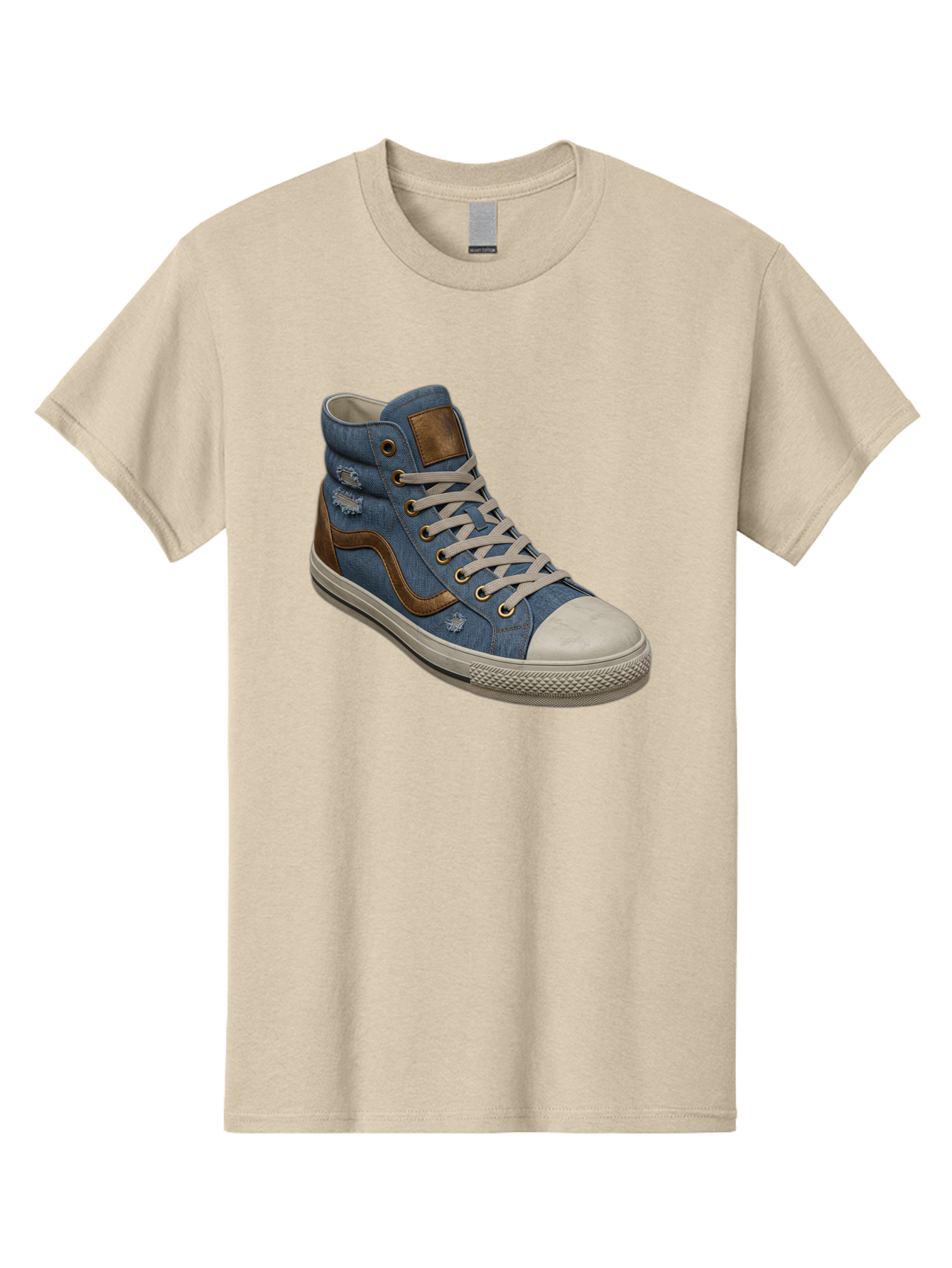 Blue-Denim-High-Top-Sneaker Men'S Graphic Tee, 100% Cotton, Comfortable Casual Summer Wear, Machine Washable, High-Top Denim Sneakers, Blue Denim, Fashionable Sneakers, Casual Footwear, White Laces, Brown Accents, Distressed Design, Baa172 1