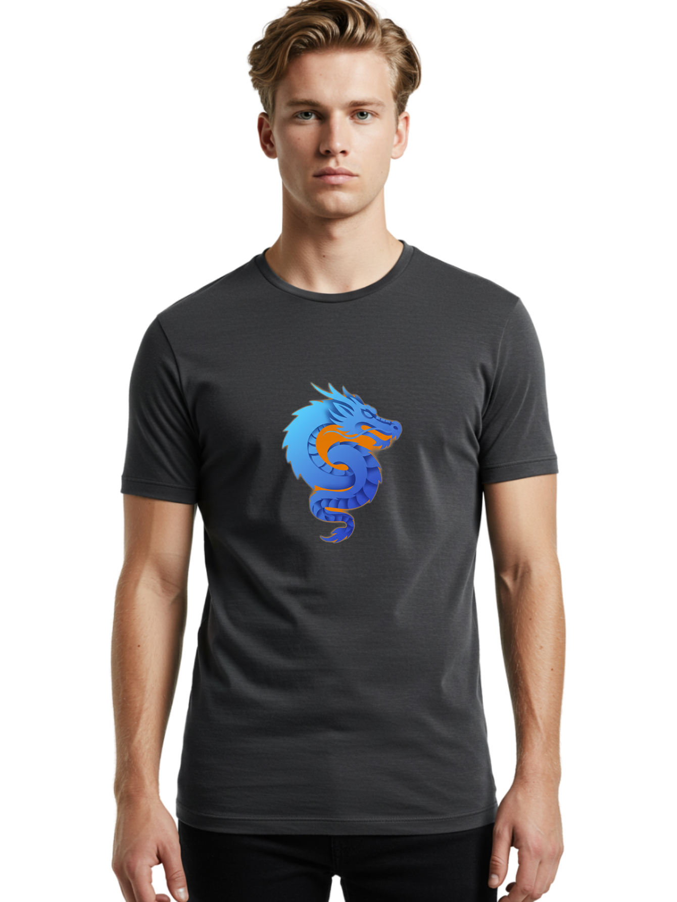 Blue-Dragon Men'S Graphic Tee, 100% Cotton, Comfortable Casual Summer Wear, Machine Washable, Blue Dragon, Orange Flames, Mythical Creature, Fantasy Art, Cartoon Illustration, Digital Graphics, Dragon Design, Logo Concept Baa173 2