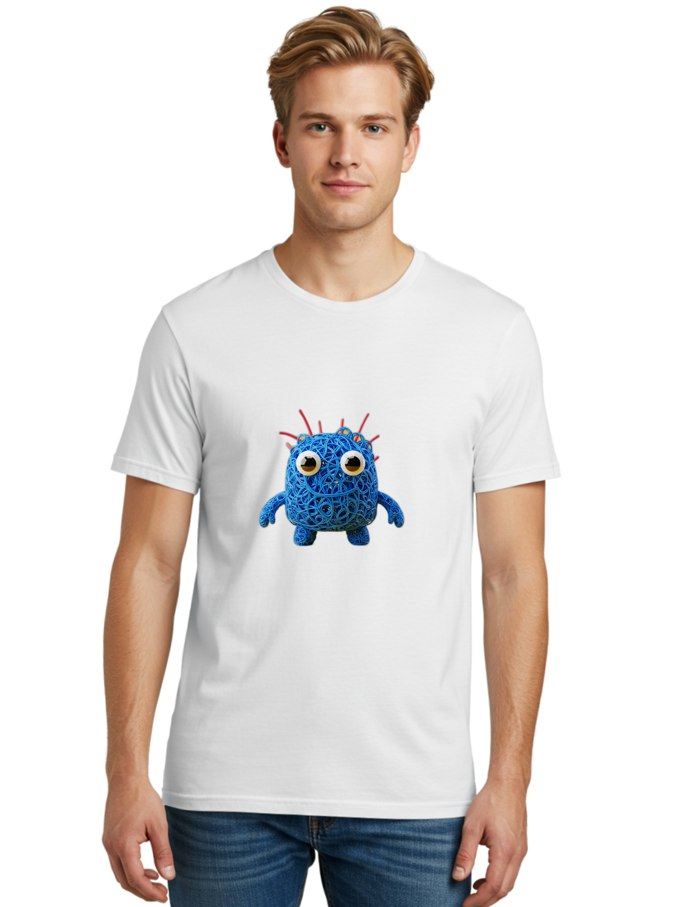 Blue-Germ Men'S Graphic Tee, 100% Cotton, Comfortable Casual Summer Wear, Machine Washable, Blue Virus Character, Cartoon Virus, Quirky Design, Oversized Eyes, Comical Creature, Abstract Virus Representation, Funny Art, Playful Germ Baa174 26