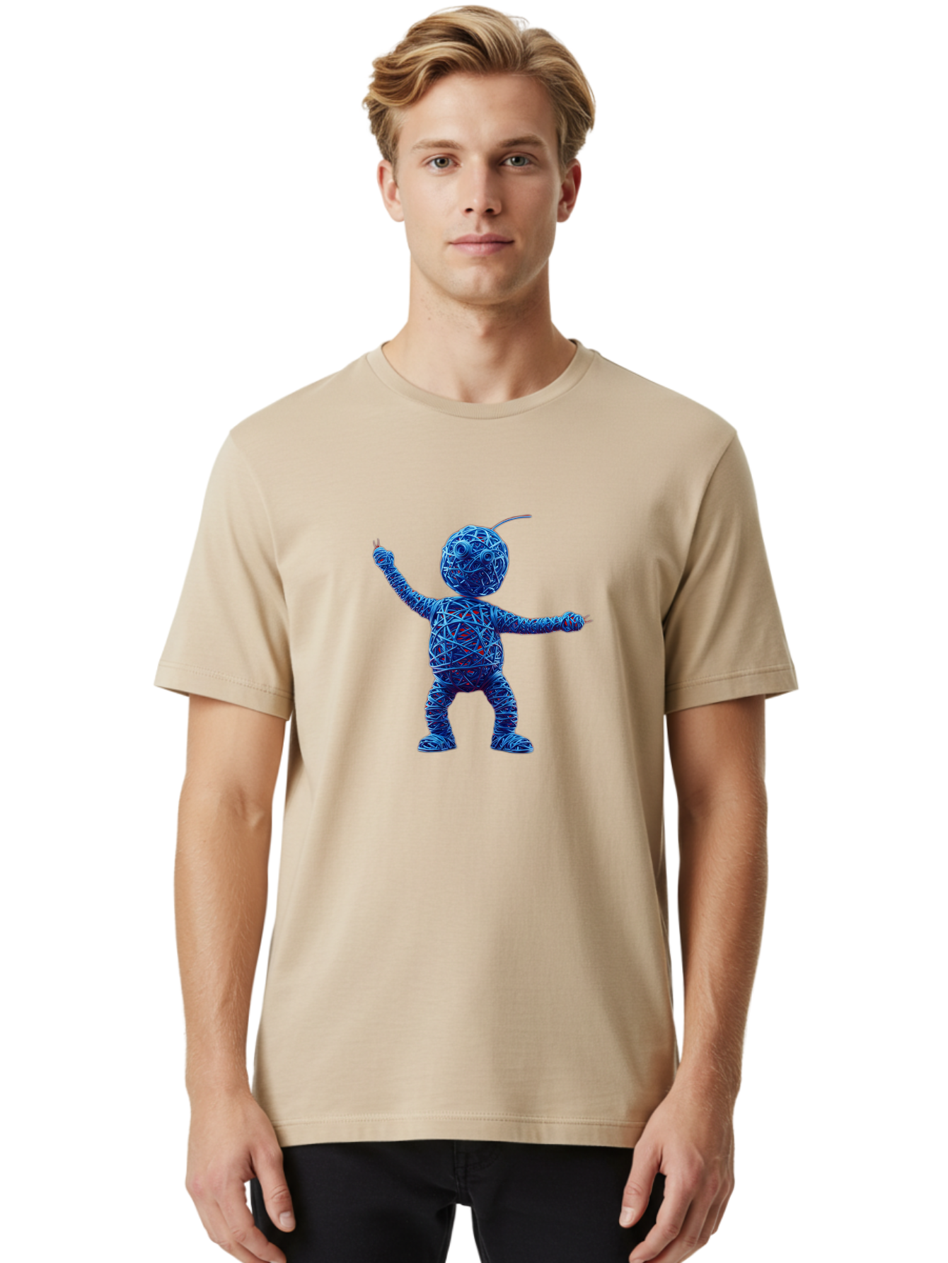 Blue-Wire-Figure Men'S Graphic Tee, 100% Cotton, Comfortable Casual Summer Wear, Machine Washable, Wire Twisted Figure, Abstract Character, Avant-Garde Art, Surreal Sculpture, Contemporary Design, Artistic Expression, Modern Art, Blue Wire, Baa177 2