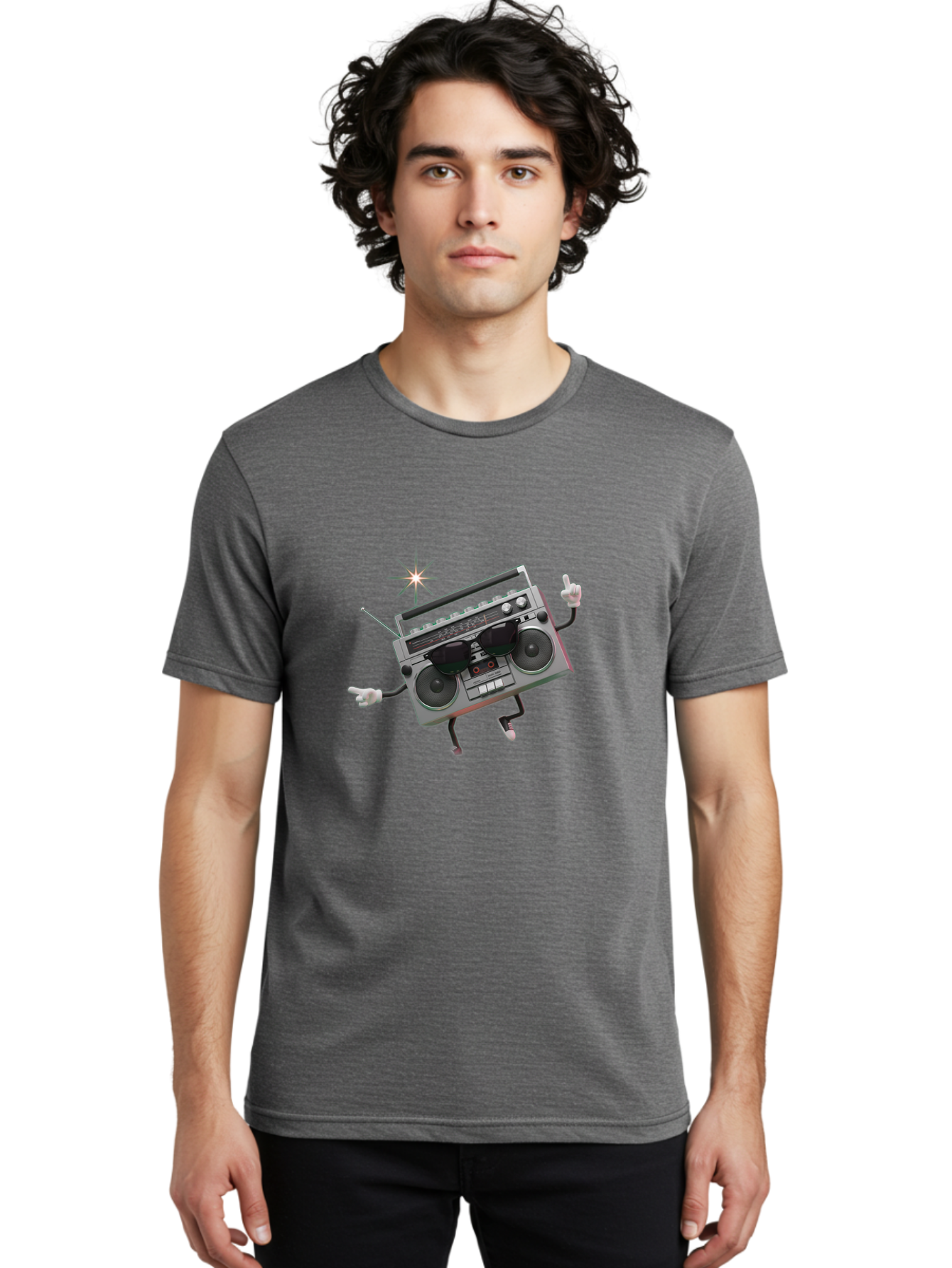 Boombox-Character-3 Men'S Graphic Tee, 100% Cotton, Comfortable Casual Summer Wear, Machine Washable, Cartoon Boombox, Retro Technology, Vintage Music, Nostalgic Vibes, Funky Character, Thumbs Up, Starburst Effect, Playful Design, Baa190 16