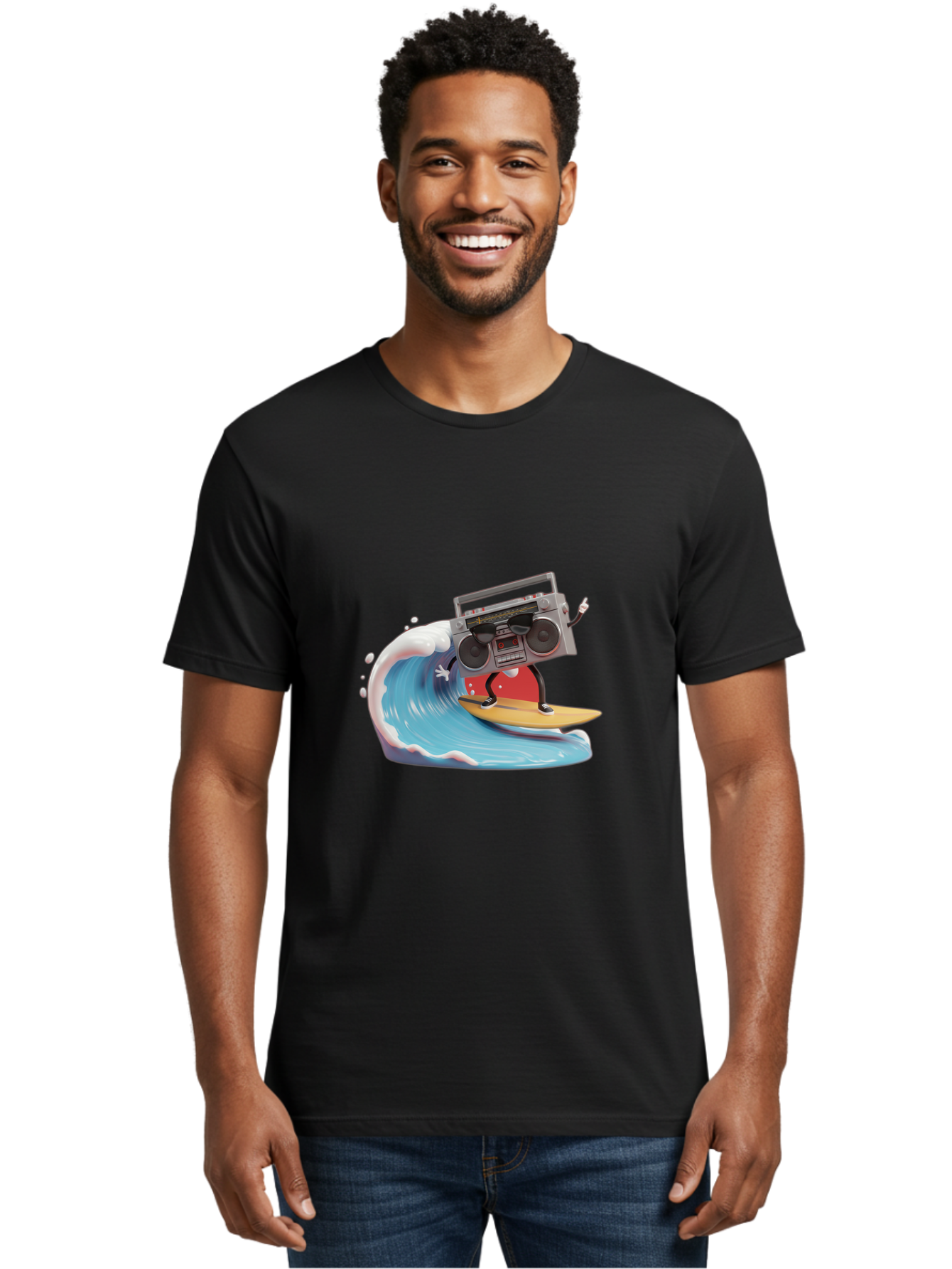 Boombox-Surfing-Wave Men'S Graphic Tee, 100% Cotton, Comfortable Casual Summer Wear, Machine Washable, Boomer Boombox Surfing, Retro Boombox, Surfing Wave, Beach Vibes, Retro Radio, Fun Summer Activity, Cool Surfboard, Radical Wave, Baa194 4
