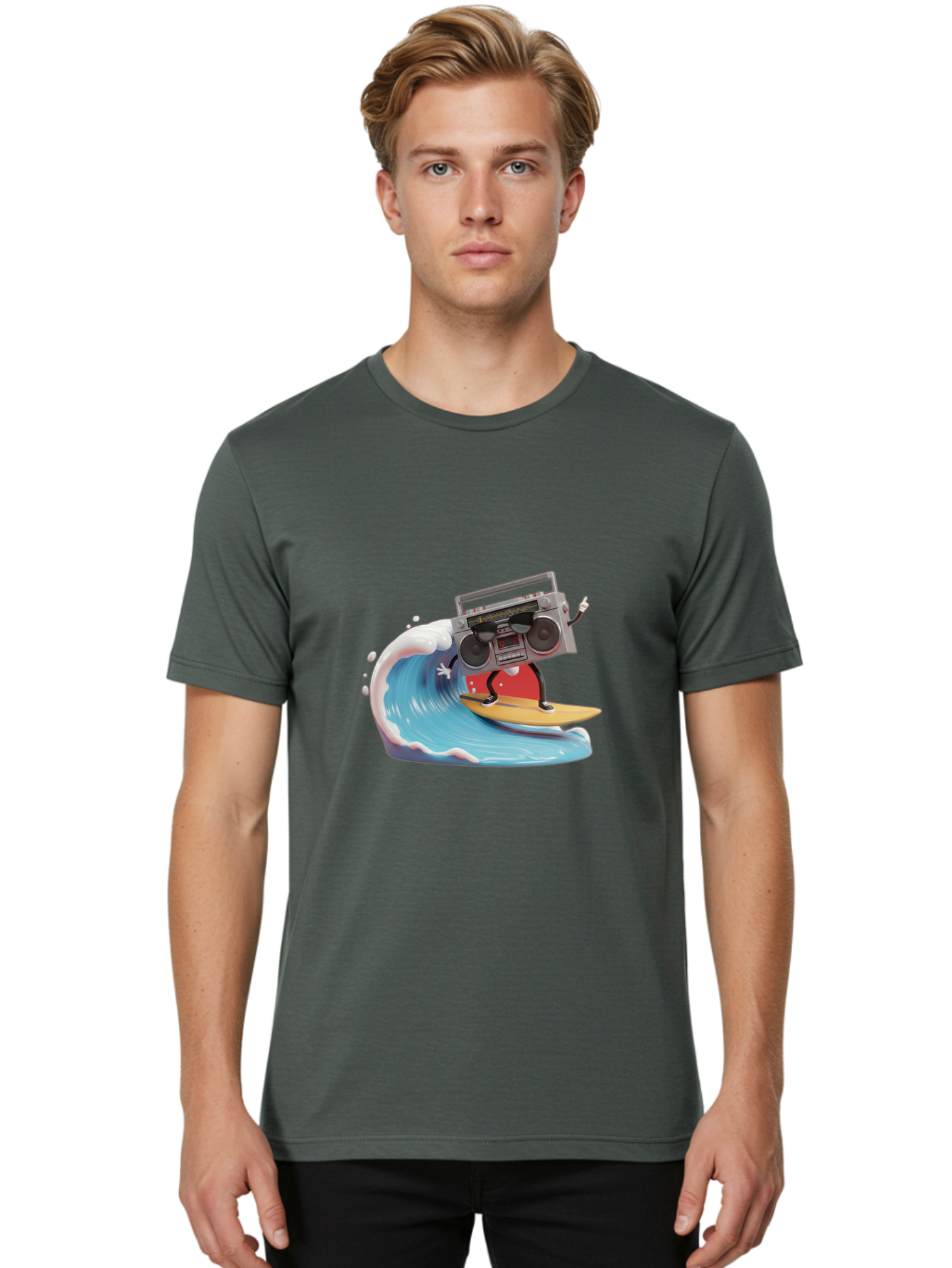 Boombox-Surfing-Wave Men'S Graphic Tee, 100% Cotton, Comfortable Casual Summer Wear, Machine Washable, Boomer Boombox Surfing, Retro Boombox, Surfing Wave, Beach Vibes, Retro Radio, Fun Summer Activity, Cool Surfboard, Radical Wave, Baa194 8