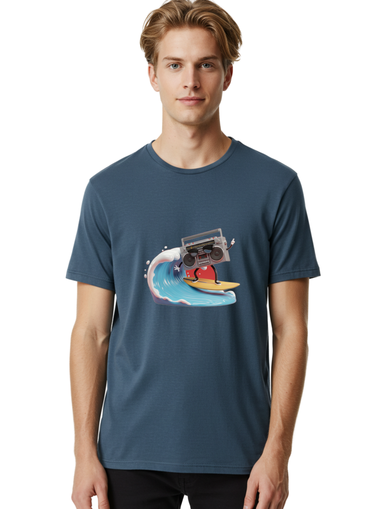 Boombox-Surfing-Wave Men'S Graphic Tee, 100% Cotton, Comfortable Casual Summer Wear, Machine Washable, Boomer Boombox Surfing, Retro Boombox, Surfing Wave, Beach Vibes, Retro Radio, Fun Summer Activity, Cool Surfboard, Radical Wave, Baa194 2