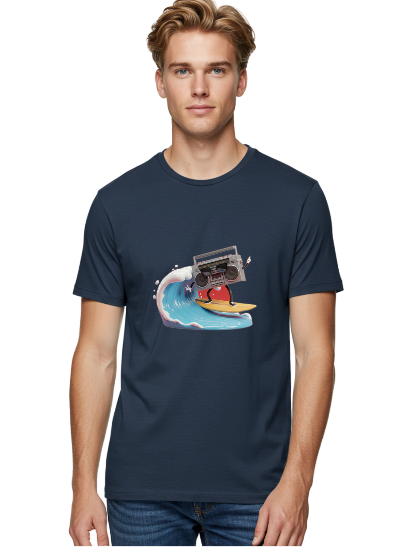 Boombox-Surfing-Wave Men'S Graphic Tee, 100% Cotton, Comfortable Casual Summer Wear, Machine Washable, Boomer Boombox Surfing, Retro Boombox, Surfing Wave, Beach Vibes, Retro Radio, Fun Summer Activity, Cool Surfboard, Radical Wave, Baa194 20