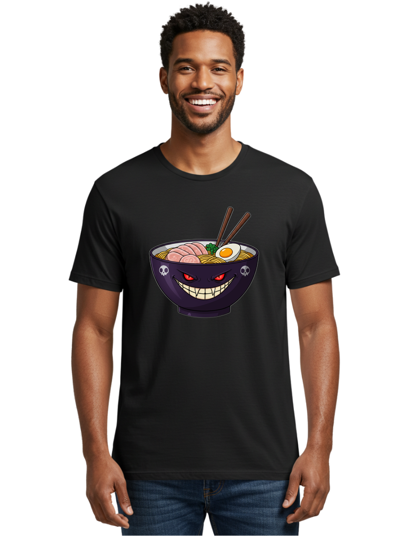 Bowl-Of-Ramen Men'S Graphic Tee, 100% Cotton, Comfortable Casual Summer Wear, Machine Washable, Gengar Character, Ramen Bowl, Cartoon, Noodles, Sliced Ham, Egg, Chopsticks, Anime Style, Pokémon, Skulls, Menacing Grin, Japanese Cuisine, Baa200 24