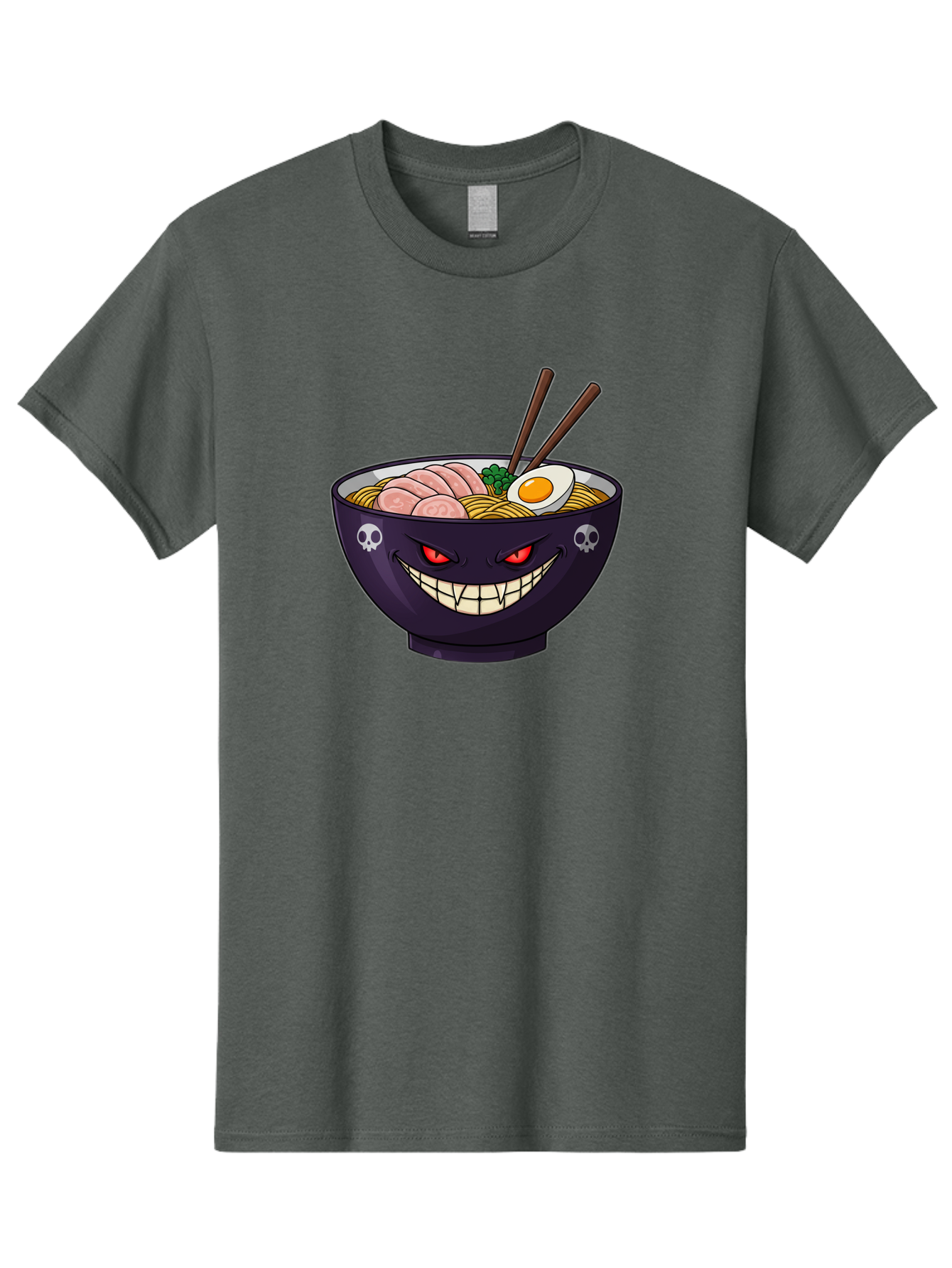Bowl-Of-Ramen Men'S Graphic Tee, 100% Cotton, Comfortable Casual Summer Wear, Machine Washable, Gengar Character, Ramen Bowl, Cartoon, Noodles, Sliced Ham, Egg, Chopsticks, Anime Style, Pokémon, Skulls, Menacing Grin, Japanese Cuisine, Baa200 1