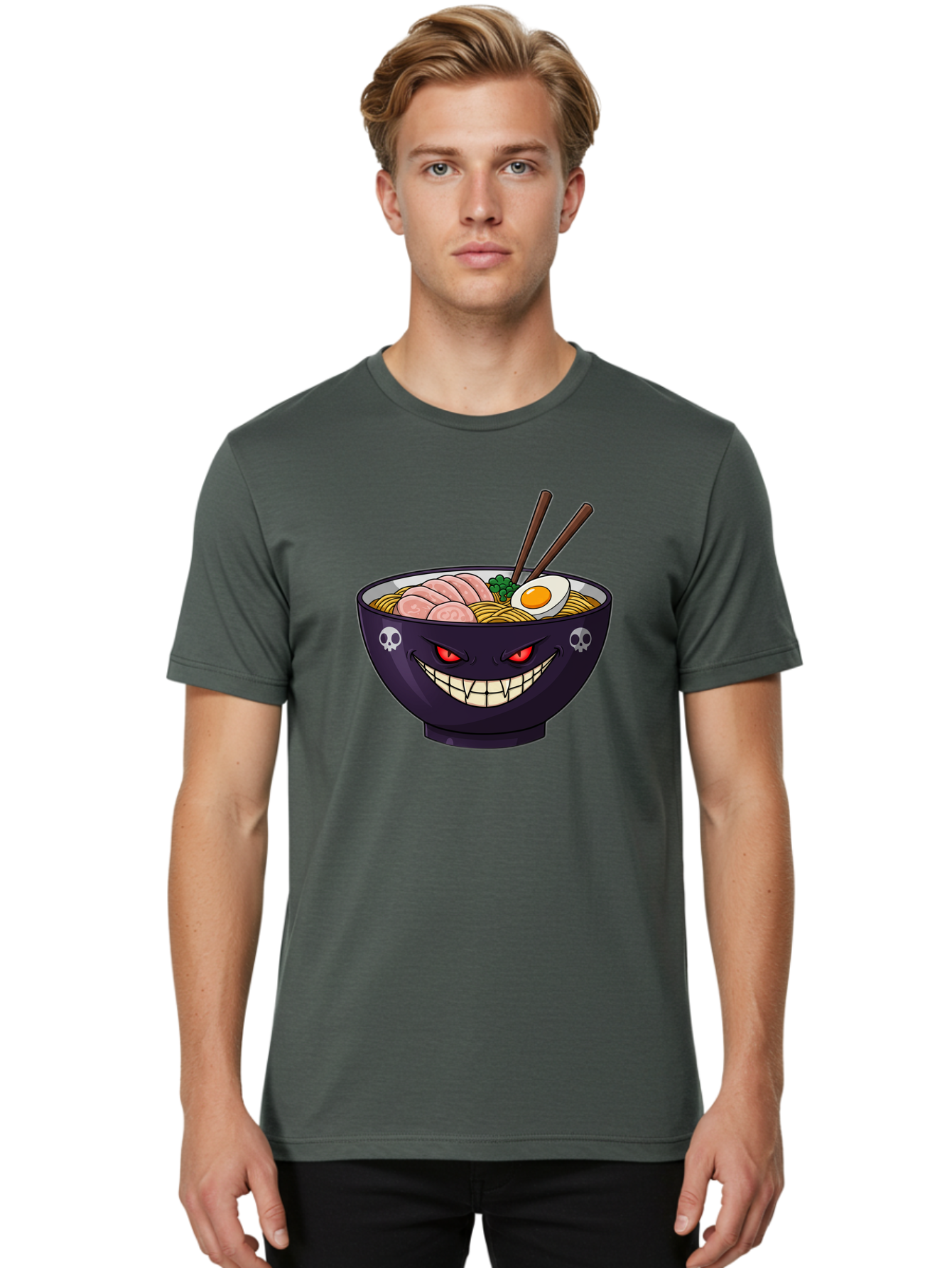 Bowl-Of-Ramen Men'S Graphic Tee, 100% Cotton, Comfortable Casual Summer Wear, Machine Washable, Gengar Character, Ramen Bowl, Cartoon, Noodles, Sliced Ham, Egg, Chopsticks, Anime Style, Pokémon, Skulls, Menacing Grin, Japanese Cuisine, Baa200 2