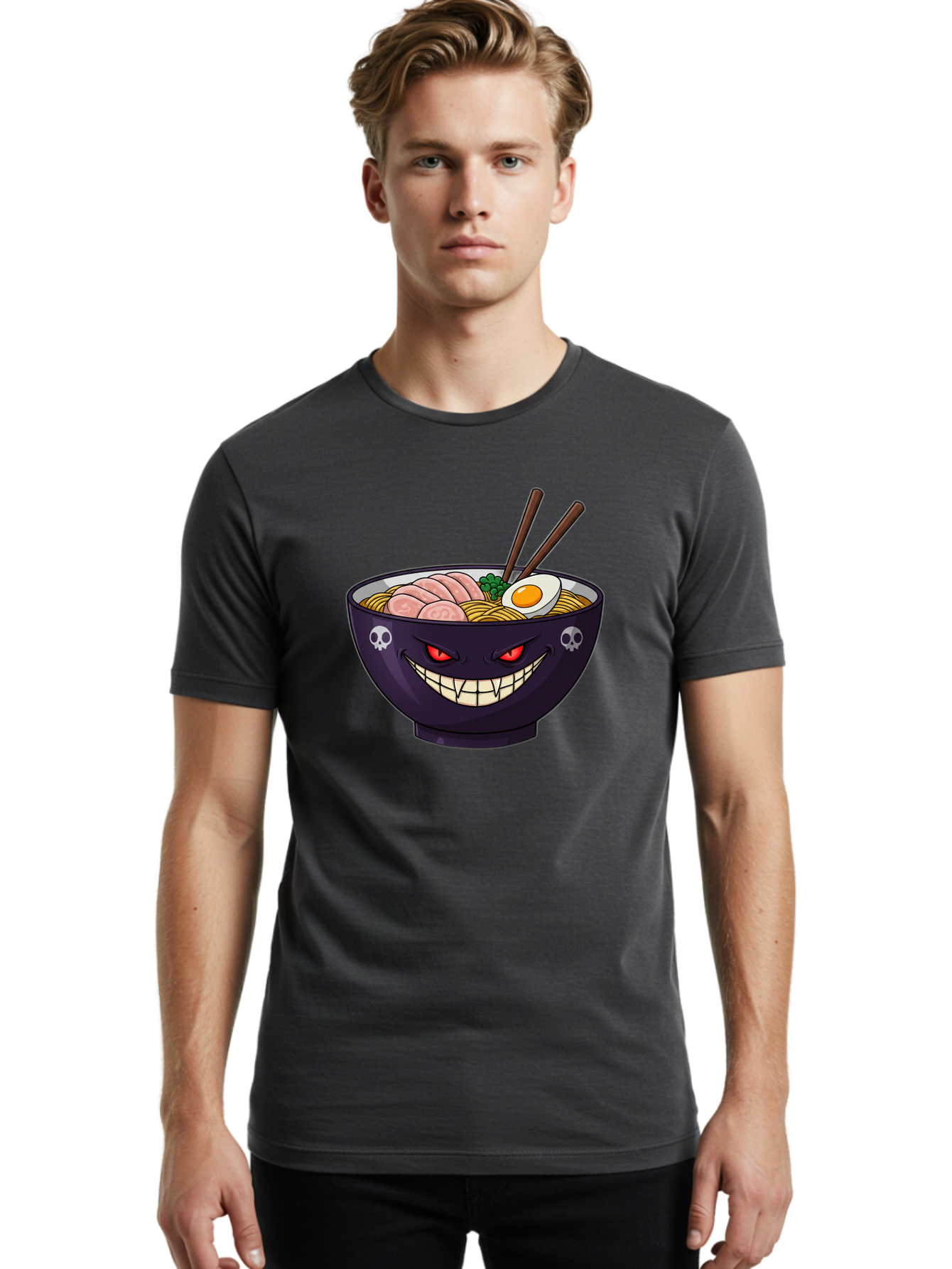 Bowl-Of-Ramen Men'S Graphic Tee, 100% Cotton, Comfortable Casual Summer Wear, Machine Washable, Gengar Character, Ramen Bowl, Cartoon, Noodles, Sliced Ham, Egg, Chopsticks, Anime Style, Pokémon, Skulls, Menacing Grin, Japanese Cuisine, Baa200 16