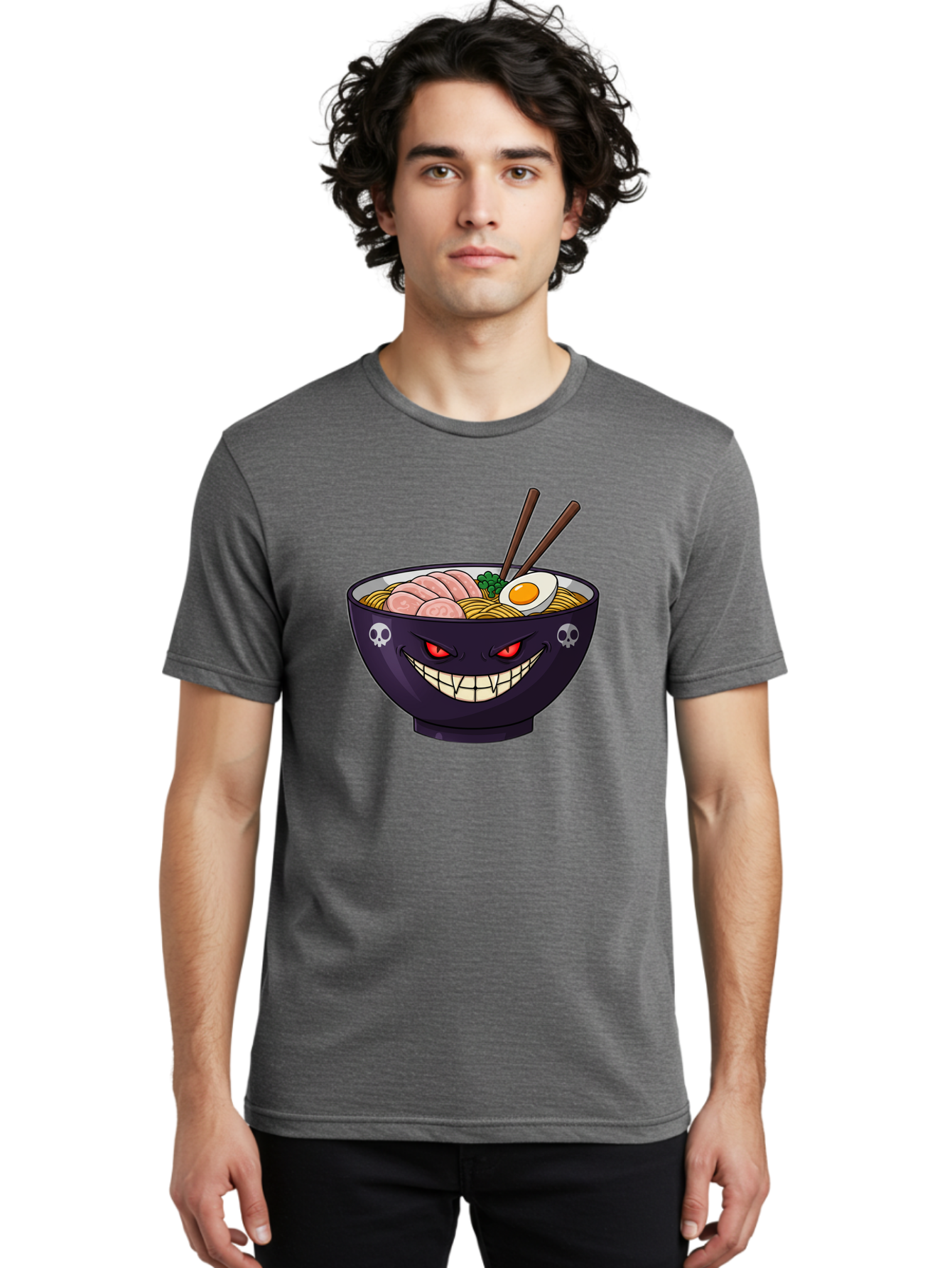 Bowl-Of-Ramen Men'S Graphic Tee, 100% Cotton, Comfortable Casual Summer Wear, Machine Washable, Gengar Character, Ramen Bowl, Cartoon, Noodles, Sliced Ham, Egg, Chopsticks, Anime Style, Pokémon, Skulls, Menacing Grin, Japanese Cuisine, Baa200 22