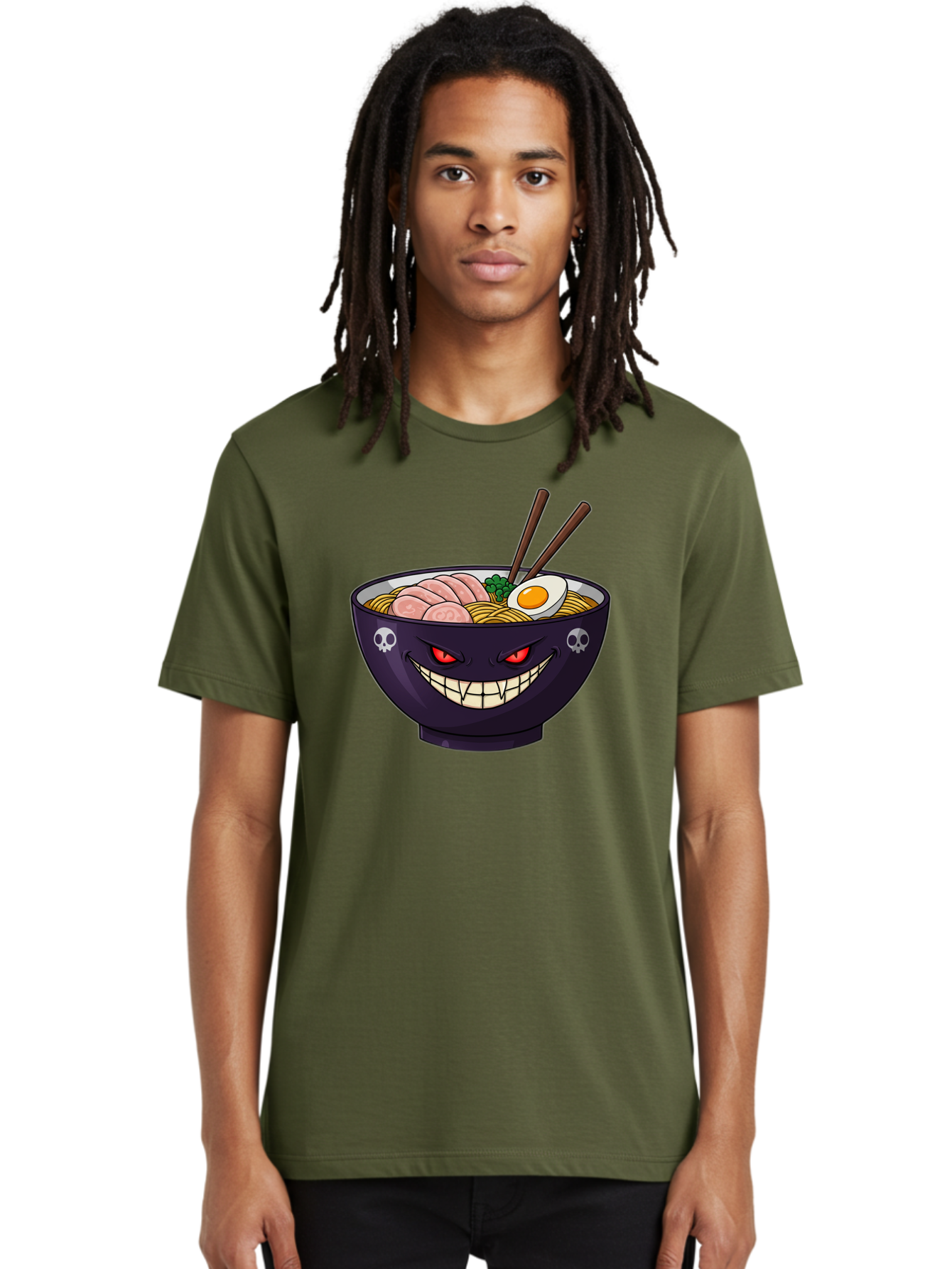 Bowl-Of-Ramen Men'S Graphic Tee, 100% Cotton, Comfortable Casual Summer Wear, Machine Washable, Gengar Character, Ramen Bowl, Cartoon, Noodles, Sliced Ham, Egg, Chopsticks, Anime Style, Pokémon, Skulls, Menacing Grin, Japanese Cuisine, Baa200 6