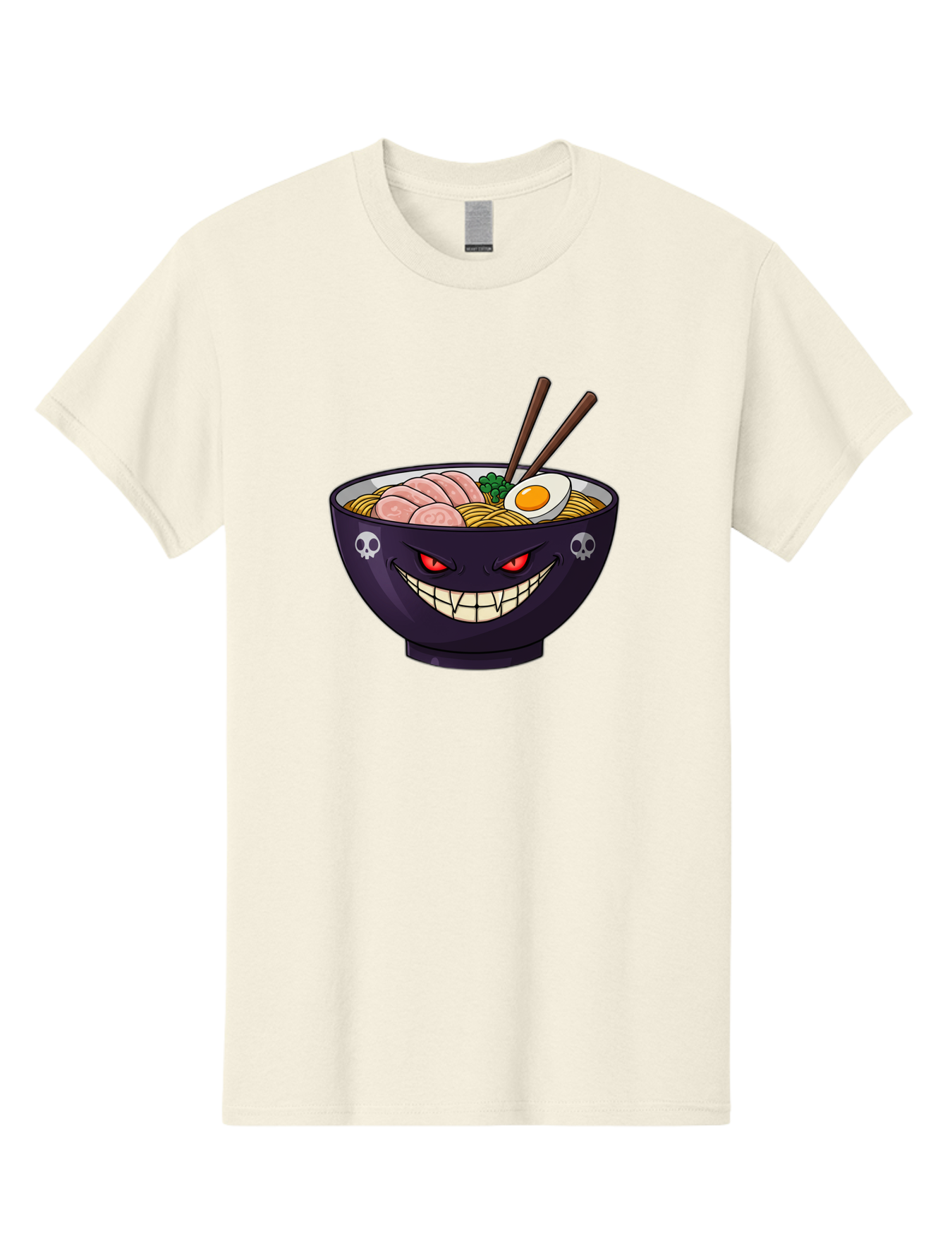 Bowl-Of-Ramen Men'S Graphic Tee, 100% Cotton, Comfortable Casual Summer Wear, Machine Washable, Gengar Character, Ramen Bowl, Cartoon, Noodles, Sliced Ham, Egg, Chopsticks, Anime Style, Pokémon, Skulls, Menacing Grin, Japanese Cuisine, Baa200 25
