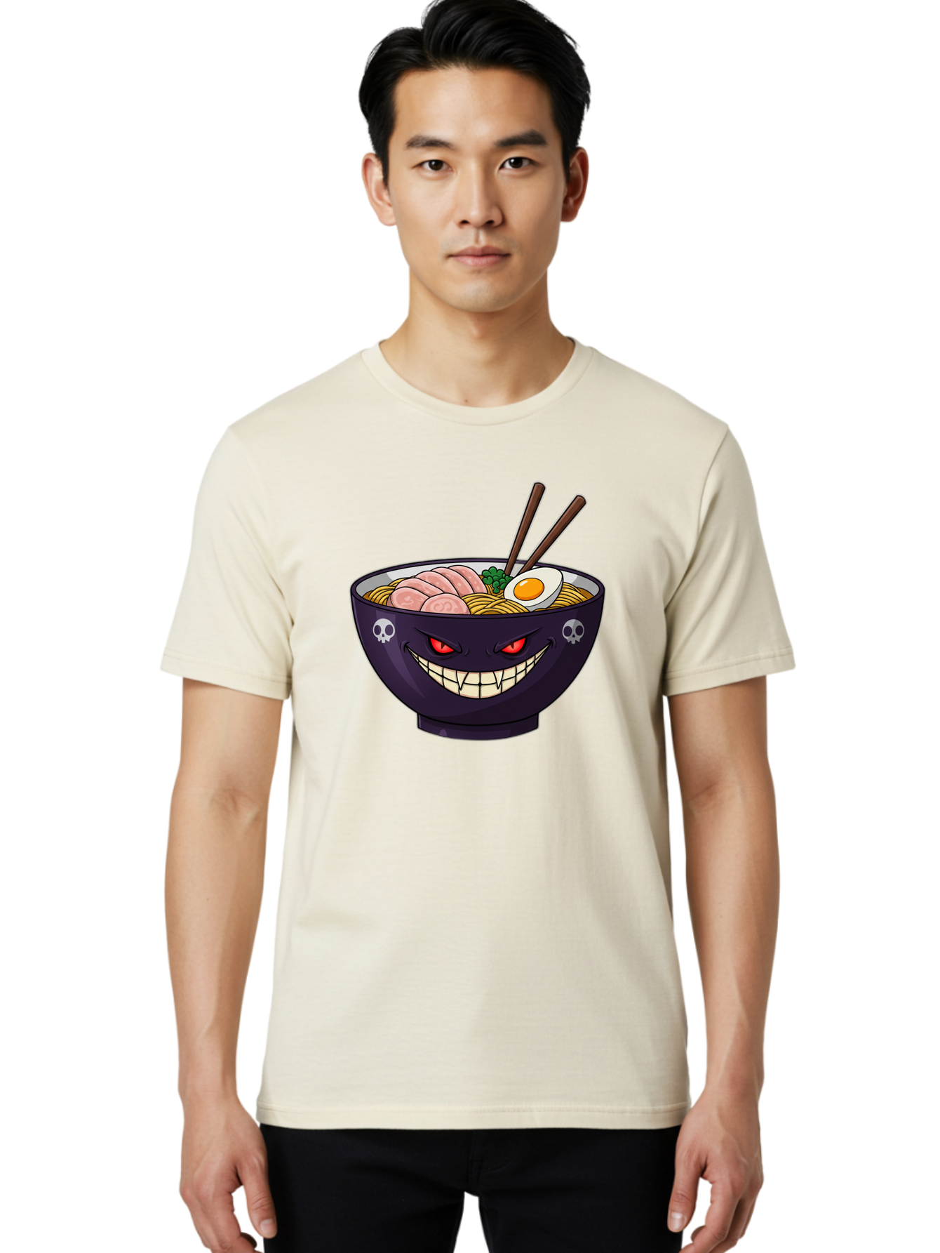 Bowl-Of-Ramen Men'S Graphic Tee, 100% Cotton, Comfortable Casual Summer Wear, Machine Washable, Gengar Character, Ramen Bowl, Cartoon, Noodles, Sliced Ham, Egg, Chopsticks, Anime Style, Pokémon, Skulls, Menacing Grin, Japanese Cuisine, Baa200 26