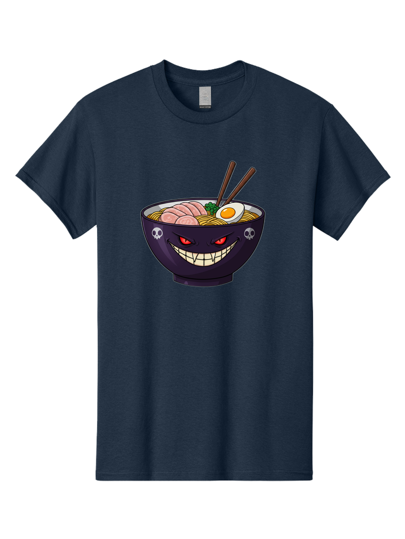 Bowl-Of-Ramen Men'S Graphic Tee, 100% Cotton, Comfortable Casual Summer Wear, Machine Washable, Gengar Character, Ramen Bowl, Cartoon, Noodles, Sliced Ham, Egg, Chopsticks, Anime Style, Pokémon, Skulls, Menacing Grin, Japanese Cuisine, Baa200 11