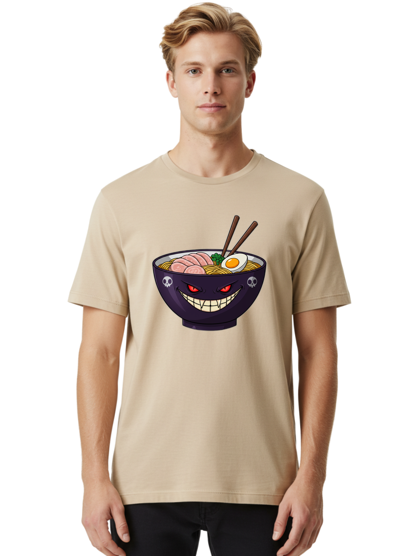 Bowl-Of-Ramen Men'S Graphic Tee, 100% Cotton, Comfortable Casual Summer Wear, Machine Washable, Gengar Character, Ramen Bowl, Cartoon, Noodles, Sliced Ham, Egg, Chopsticks, Anime Style, Pokémon, Skulls, Menacing Grin, Japanese Cuisine, Baa200 30