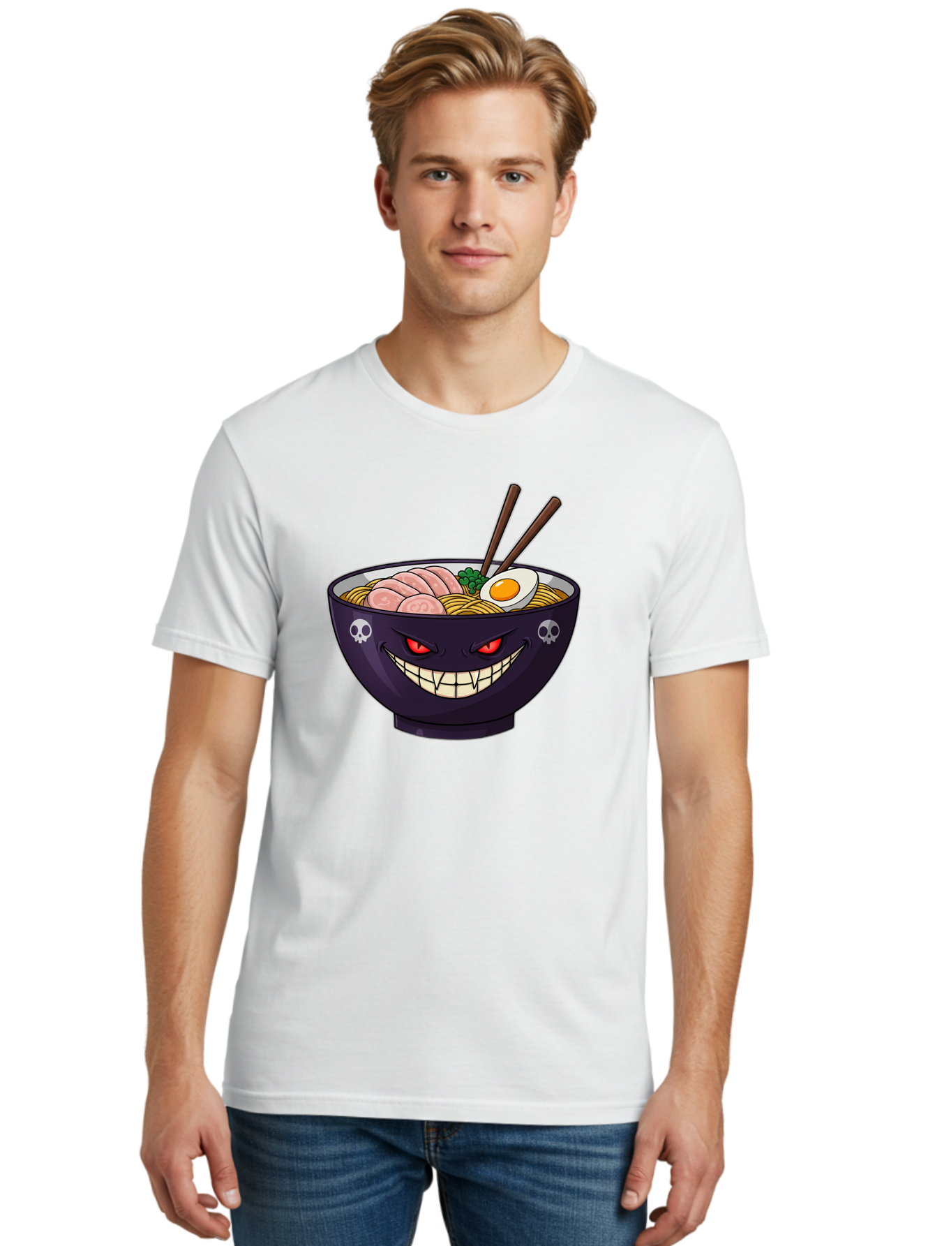 Bowl-Of-Ramen Men'S Graphic Tee, 100% Cotton, Comfortable Casual Summer Wear, Machine Washable, Gengar Character, Ramen Bowl, Cartoon, Noodles, Sliced Ham, Egg, Chopsticks, Anime Style, Pokémon, Skulls, Menacing Grin, Japanese Cuisine, Baa200 4