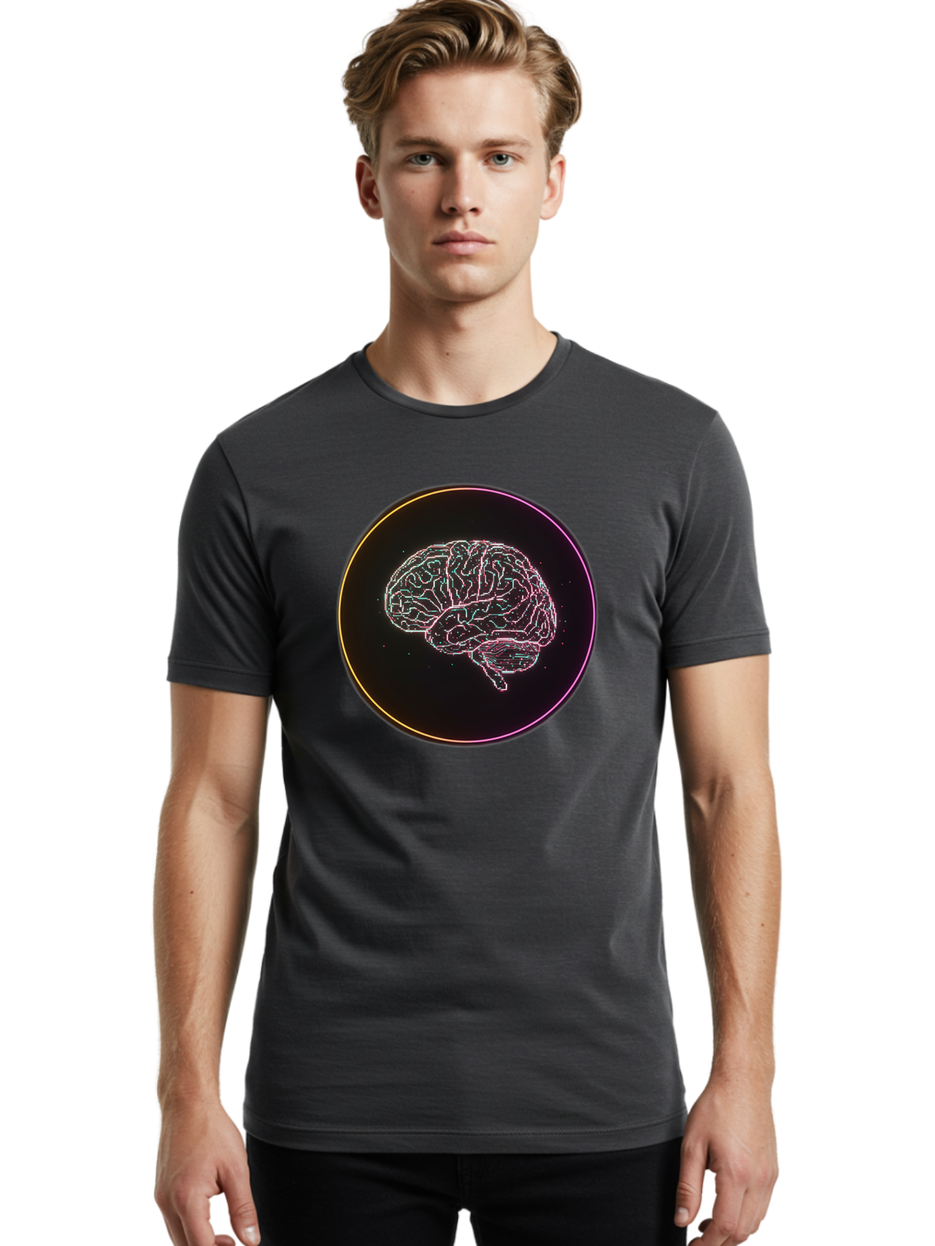 Brain-Illustration Men'S Graphic Tee, 100% Cotton, Comfortable Casual Summer Wear, Machine Washable, Human Brain, Neon Illustration, Futuristic Design, Glowing Lines, Abstract Art, Brain Function, Psychological Concept, Digital Artwork, Baa211 26